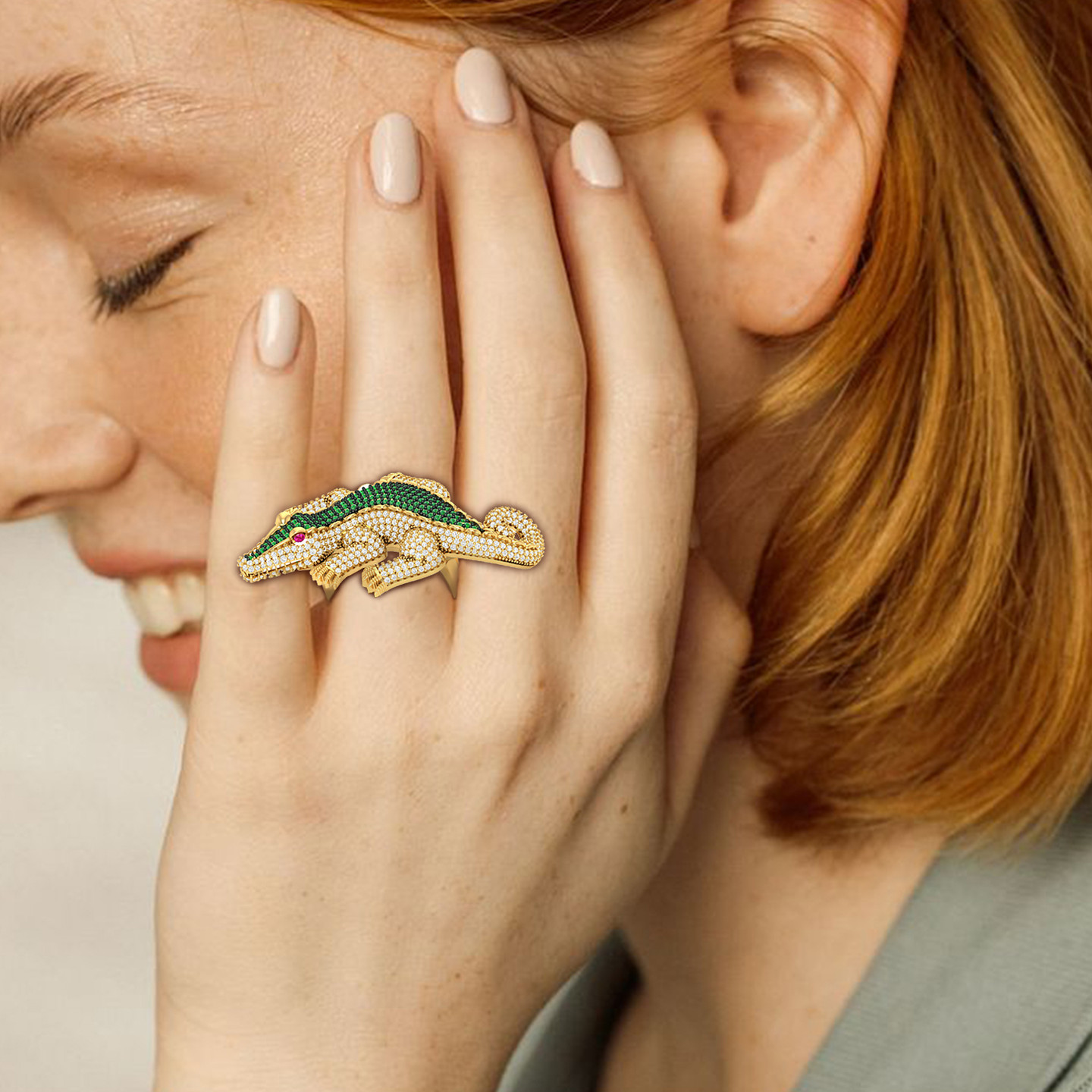 خاتم ذهب تمساح عيار 18 قيراط مزين بالأحجار الملونة - 4 خاتم ذهب تمساح عيار 18 قيراط مزين بالأحجار الملونة - 4