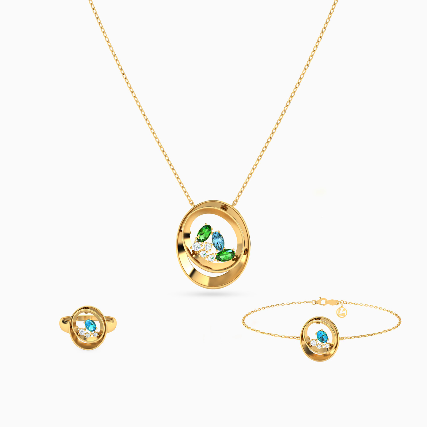 18K Gold Colored Stones Jewelry Set - 3 Pieces