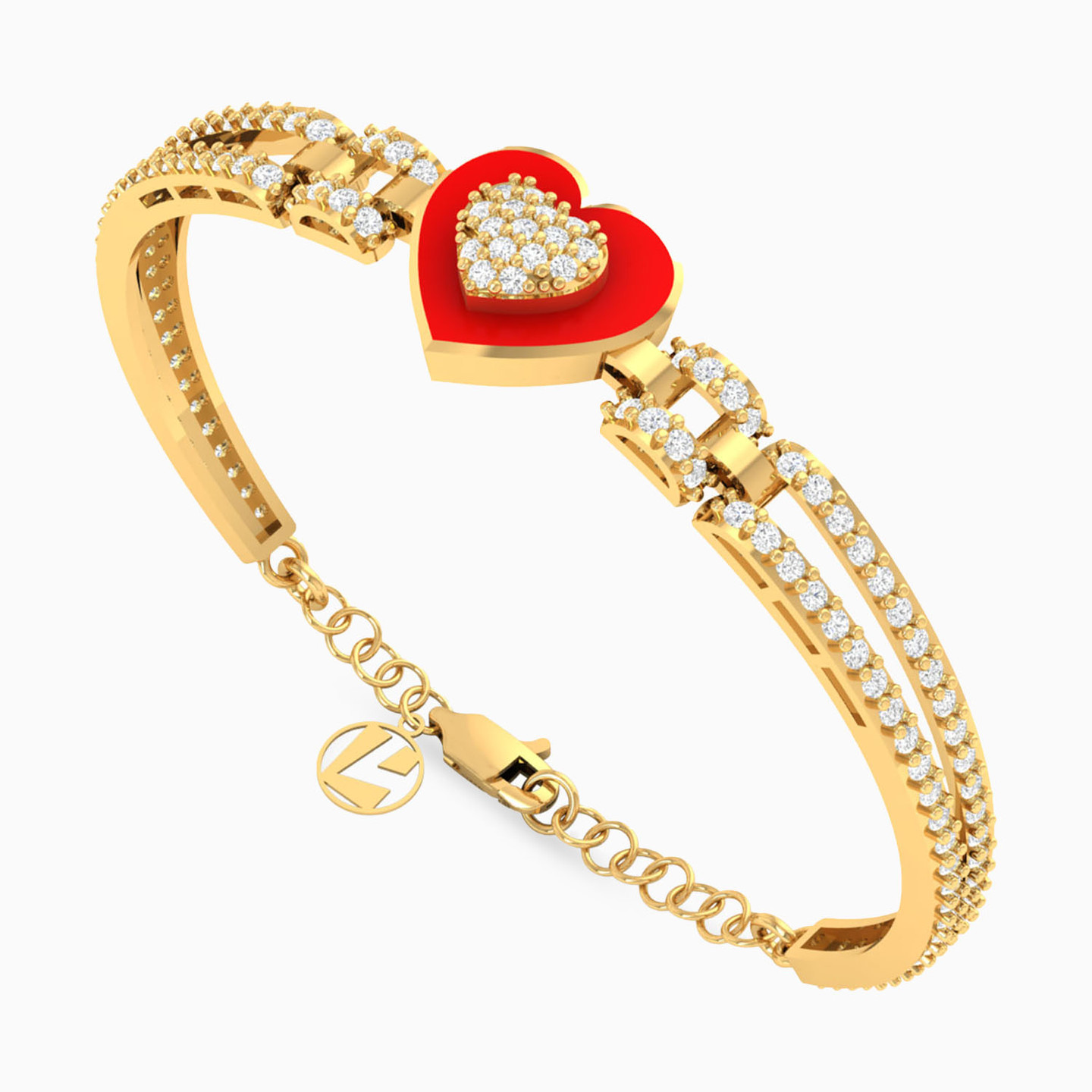 Kids Heart Cubic Zirconia & Enamel Coated Bangle Bracelet in 18K Gold - 3