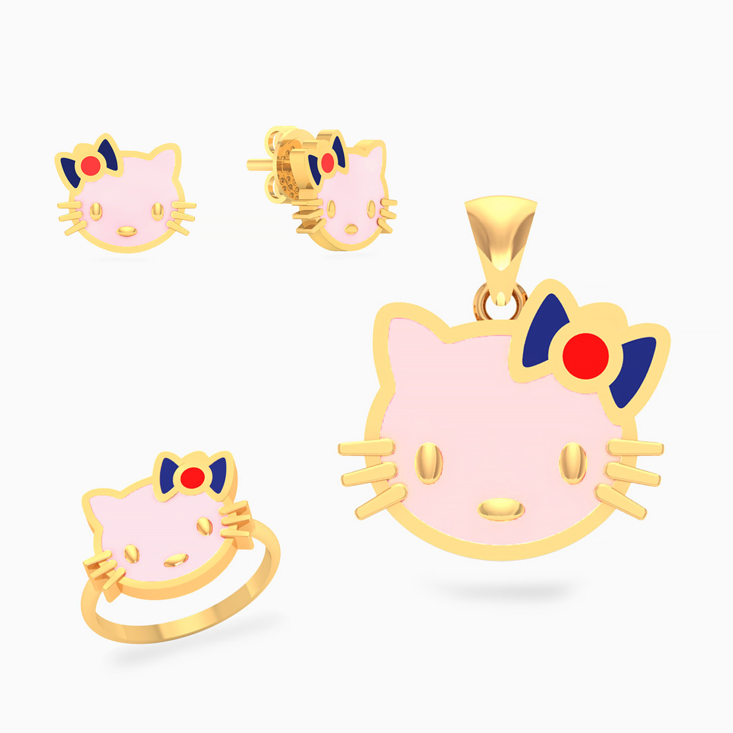 Kids Cat Enamel Coated Jewelry Set in 18K Gold (3 Pieces) Kids Cat Enamel Coated Jewelry Set in 18K Gold (3 Pieces)