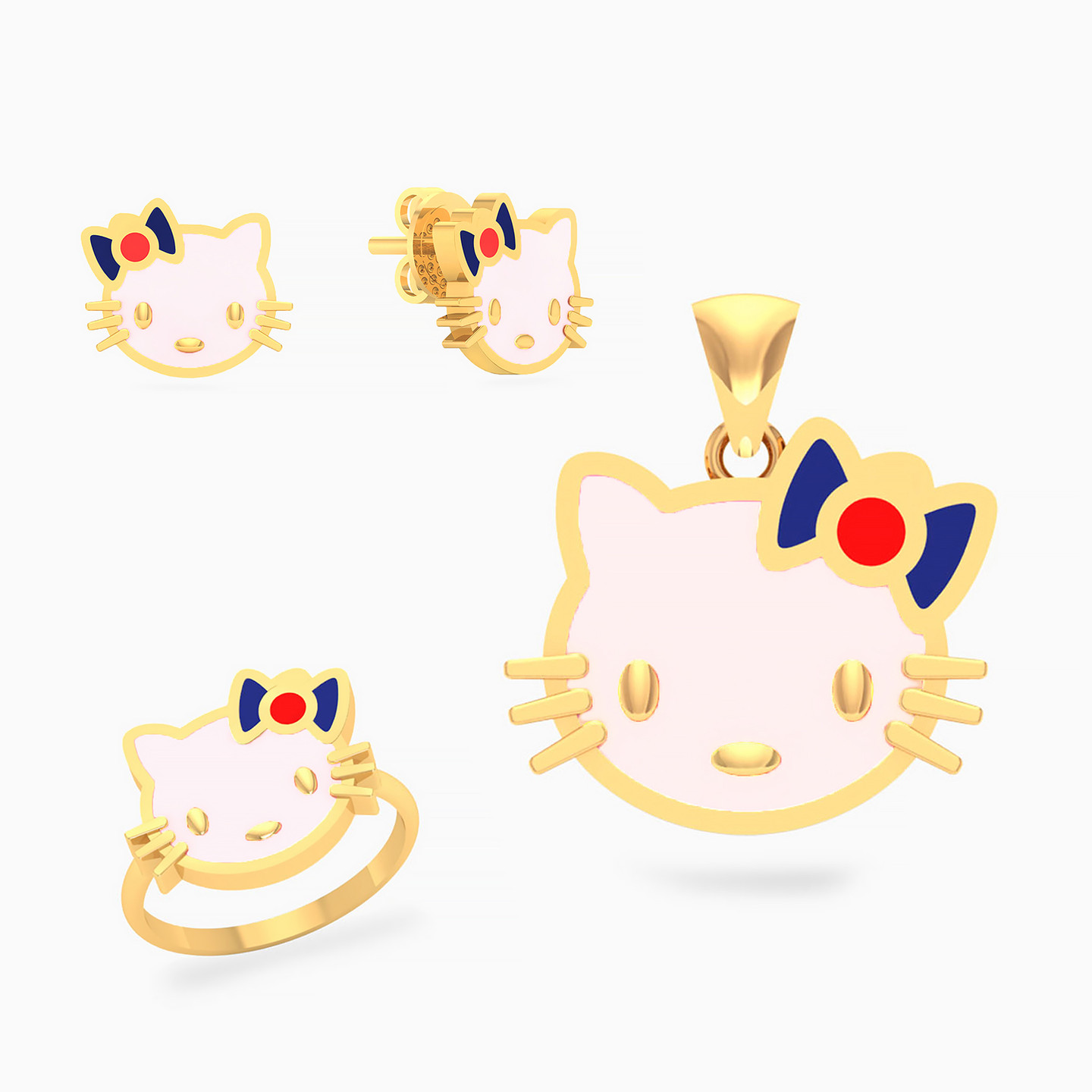Kids Cat Enamel Coated Jewelry Set in 18K Gold (3 Pieces) Kids Cat Enamel Coated Jewelry Set in 18K Gold (3 Pieces)