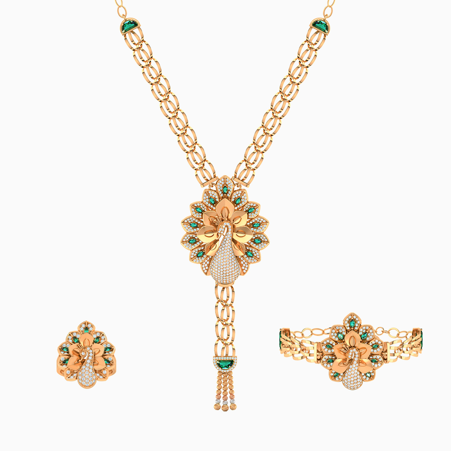 Peacock Green Stones Full Set in 21K Gold (3 Pieces) - 2 Peacock Green Stones Full Set in 21K Gold (3 Pieces) - 2