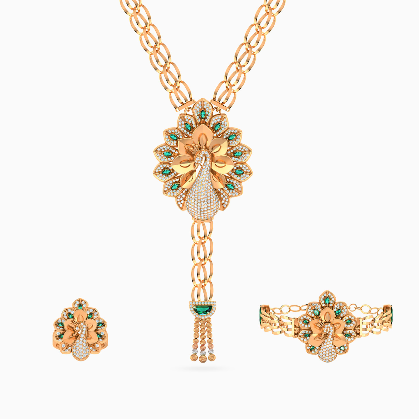 Peacock Green Stones Full Set in 21K Gold (3 Pieces) - 3 Peacock Green Stones Full Set in 21K Gold (3 Pieces) - 3