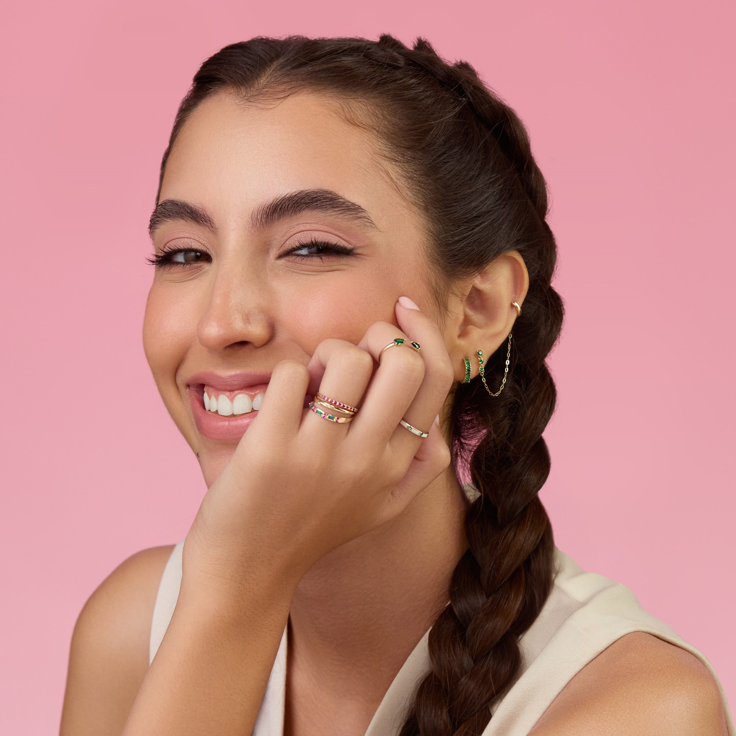 Baguette Shaped Green Stones Hoop Earring in 14K Gold - 1 Piece - 6 Baguette Shaped Green Stones Hoop Earring in 14K Gold - 1 Piece - 6