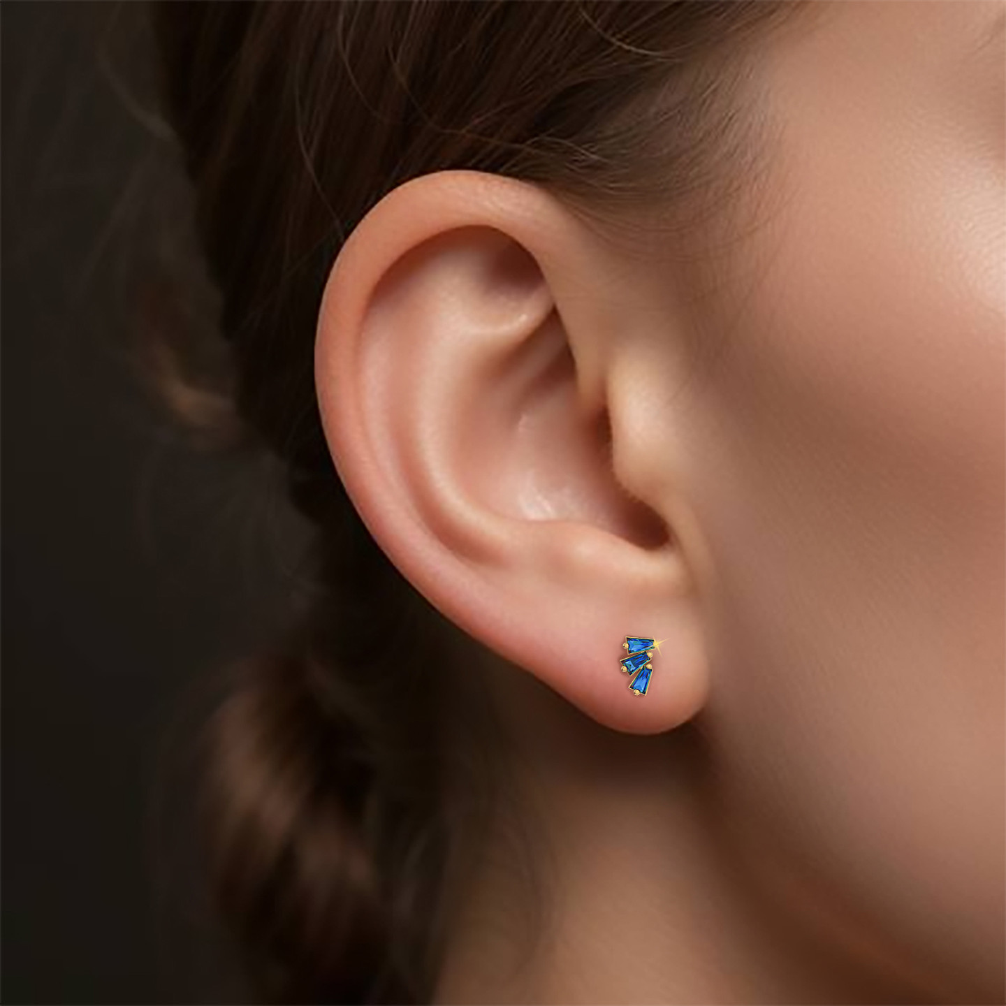 Baguette Shaped Blue Stone Stud Earring in 14K Gold - 1 Piece - 2 Baguette Shaped Blue Stone Stud Earring in 14K Gold - 1 Piece - 2