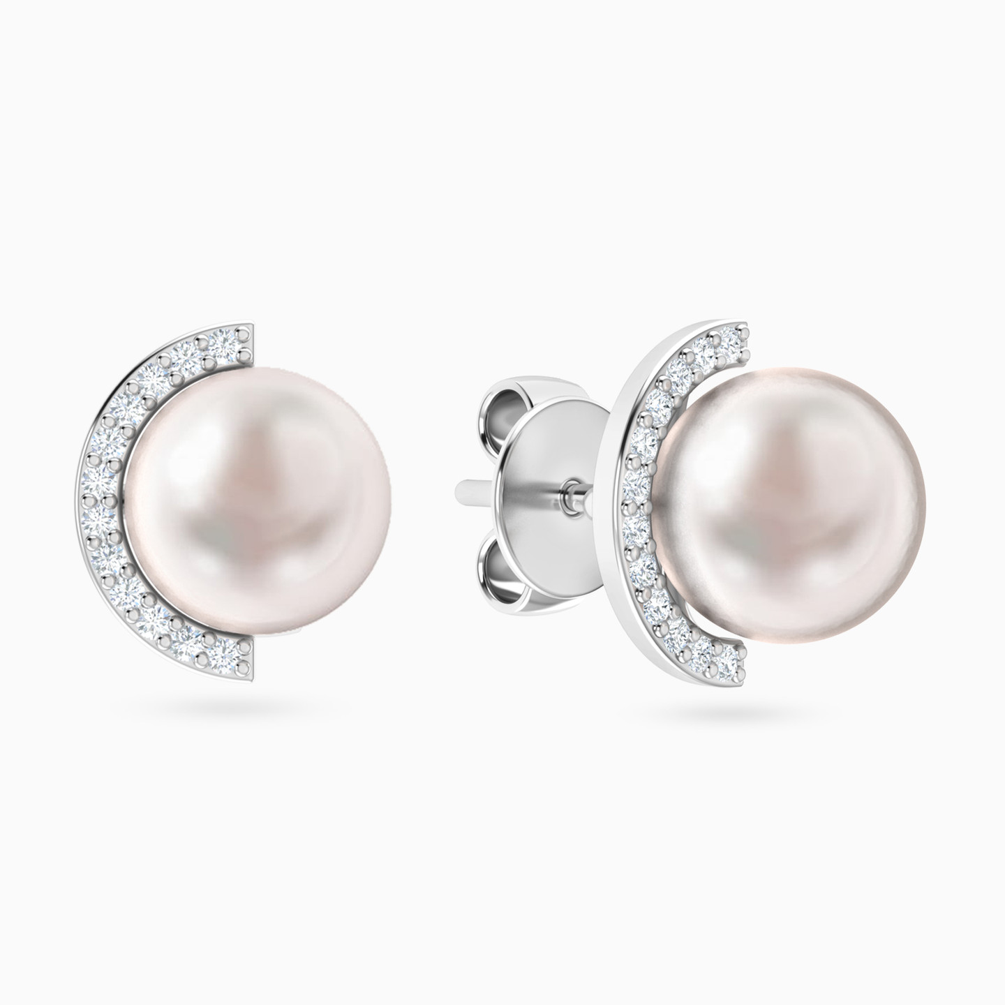 Round Diamond & Pearl Stud Earrings in 18K Gold