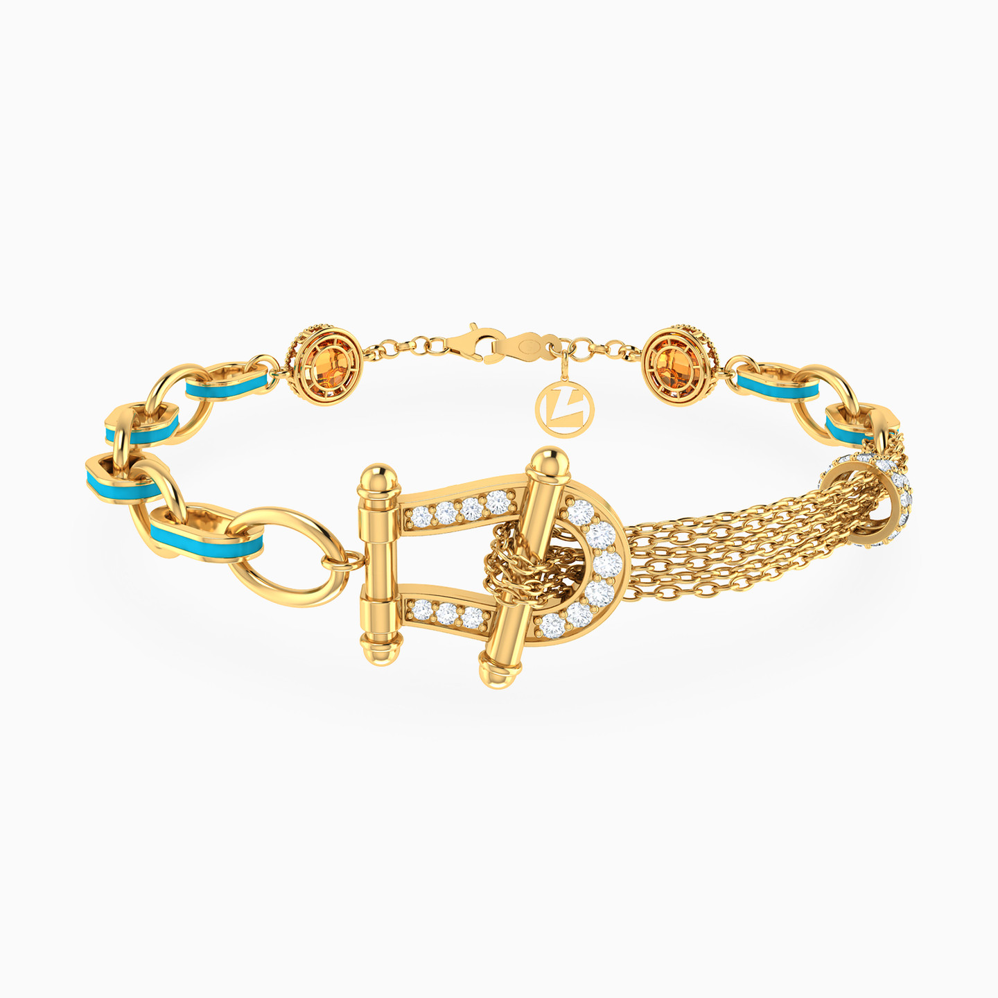 Horseshoe Shaped Cubic Zirconia & Enamel Coated Chain Bracelet in 18K Gold