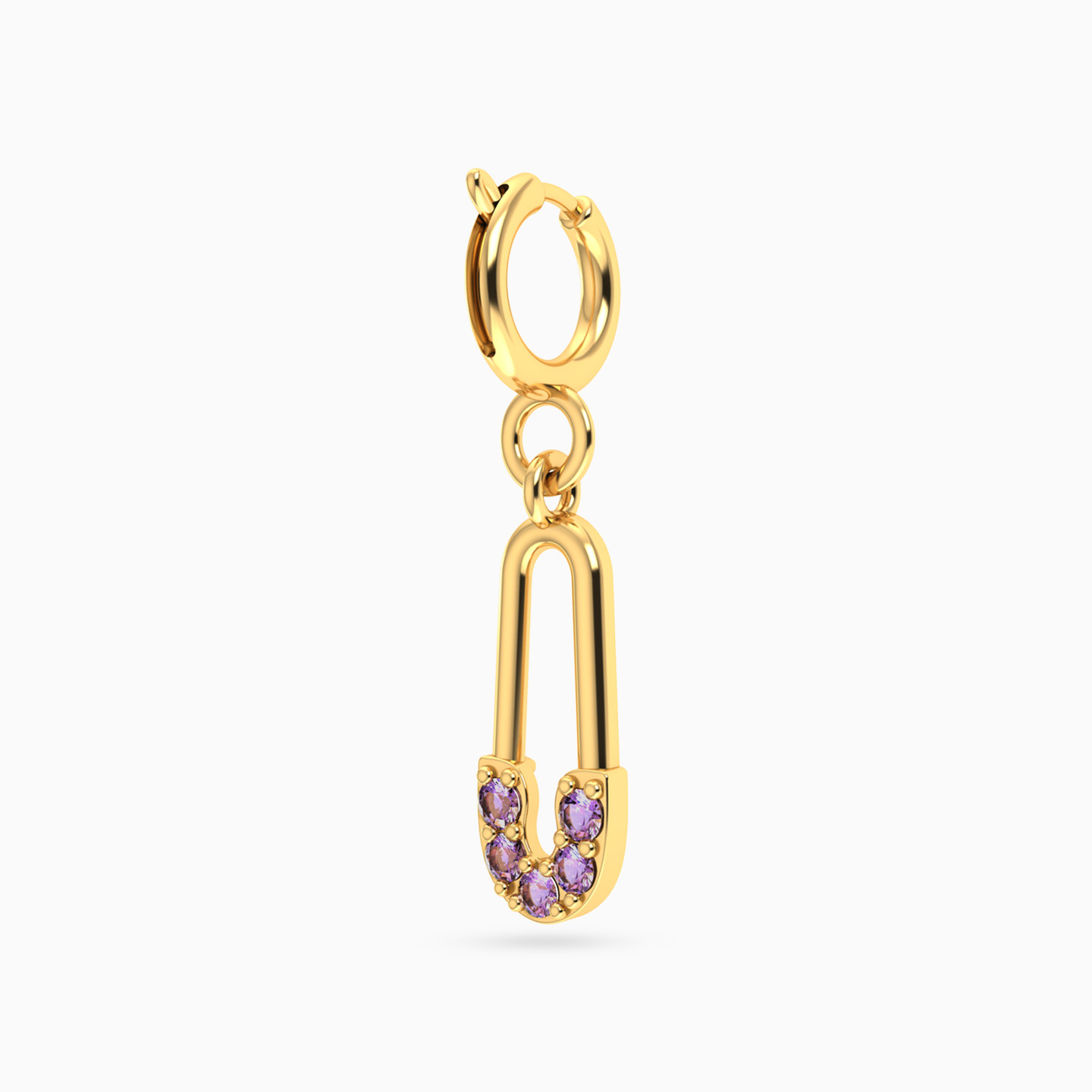 Safety Pin Shaped Purple Stones Charm in 14K Gold - 2 Safety Pin Shaped Purple Stones Charm in 14K Gold - 2