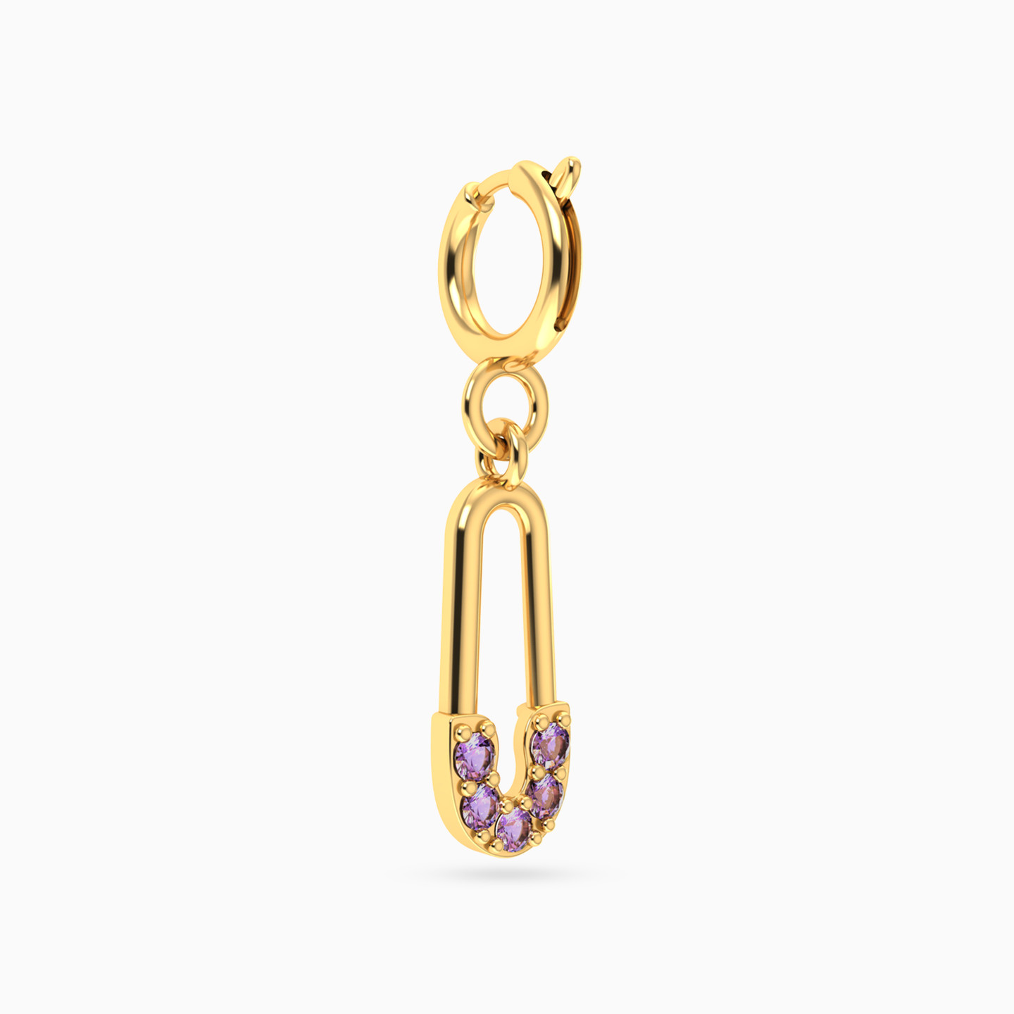 Safety Pin Shaped Purple Stones Charm in 14K Gold - 3 Safety Pin Shaped Purple Stones Charm in 14K Gold - 3