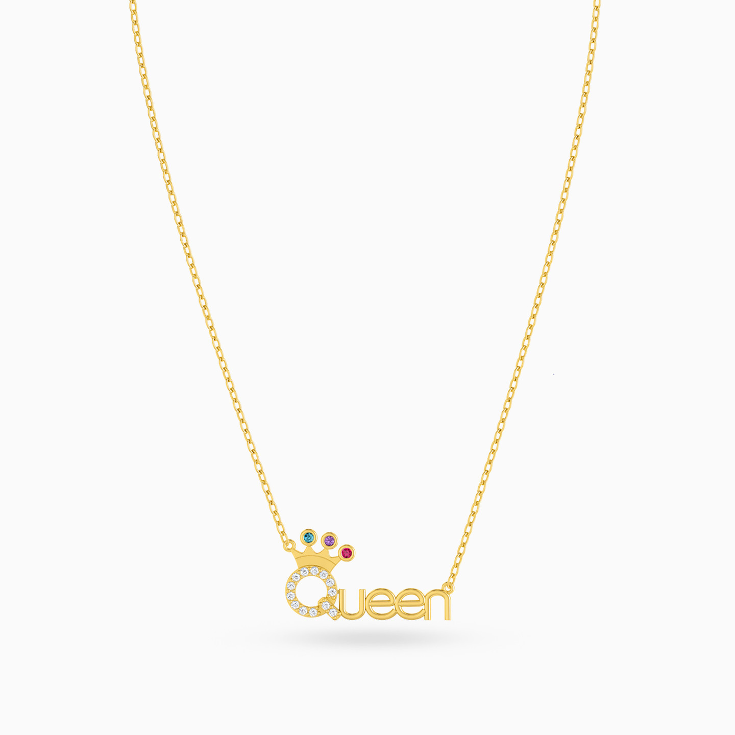 Queen Word Colored Stones Necklace in 14K Gold - 3 Queen Word Colored Stones Necklace in 14K Gold - 3