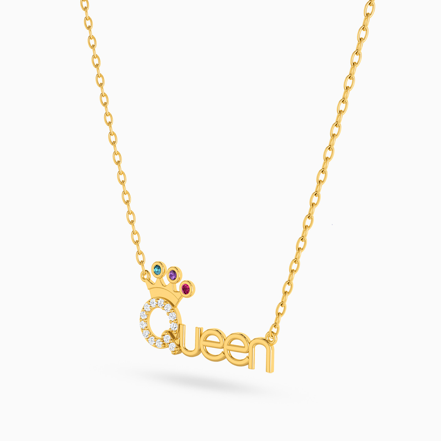 Queen Word Colored Stones Necklace in 14K Gold - 2 Queen Word Colored Stones Necklace in 14K Gold - 2