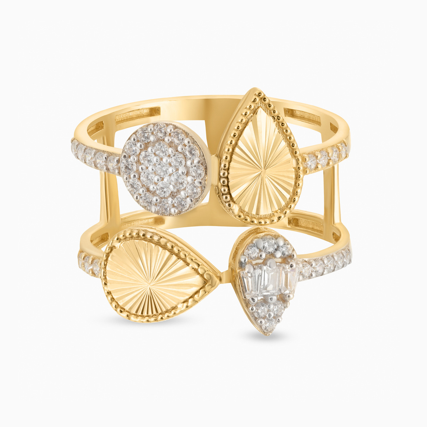 خاتم ذهب شكل قطرة عيار 18 قيراط مزين بأحجار الزركون خاتم ذهب شكل قطرة عيار 18 قيراط مزين بأحجار الزركون