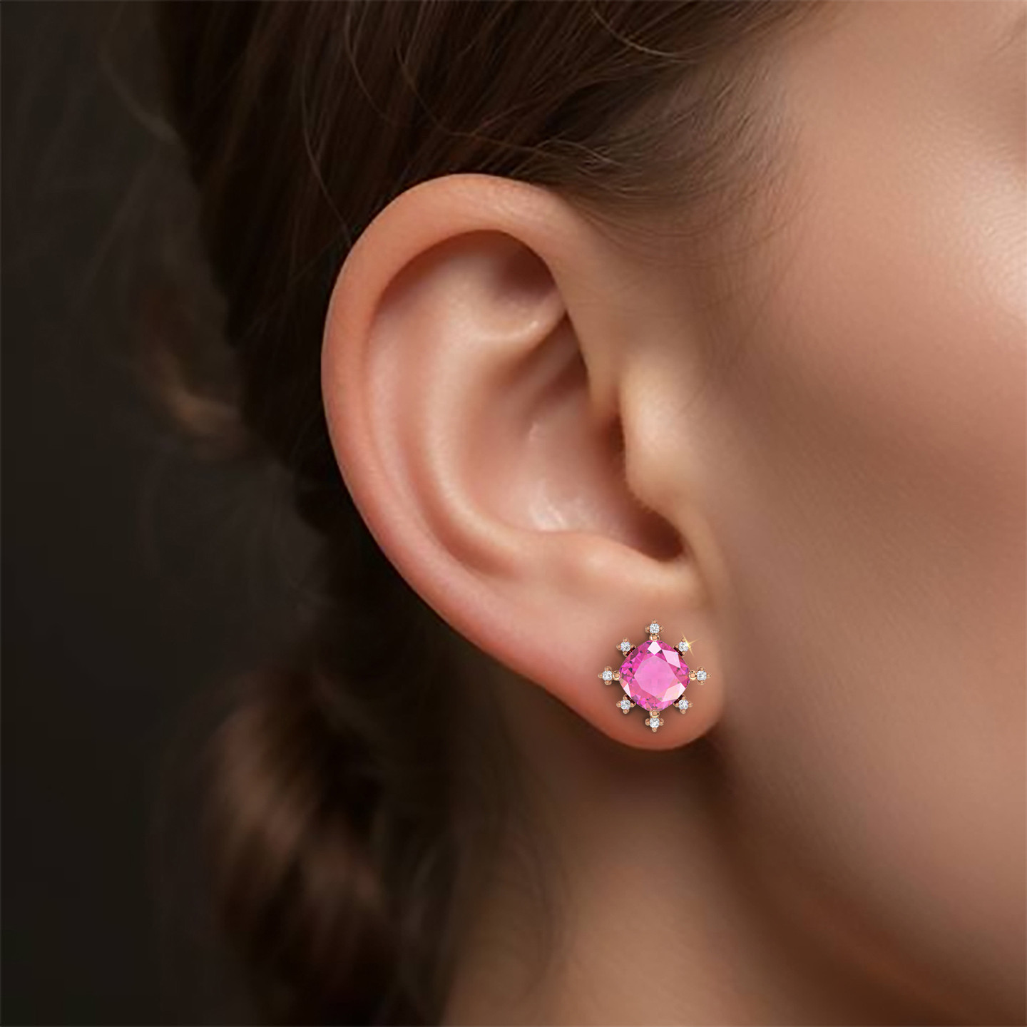 Circle Diamond & Rose Stone Stud Earrings in 18K Gold - 4 Circle Diamond & Rose Stone Stud Earrings in 18K Gold - 4