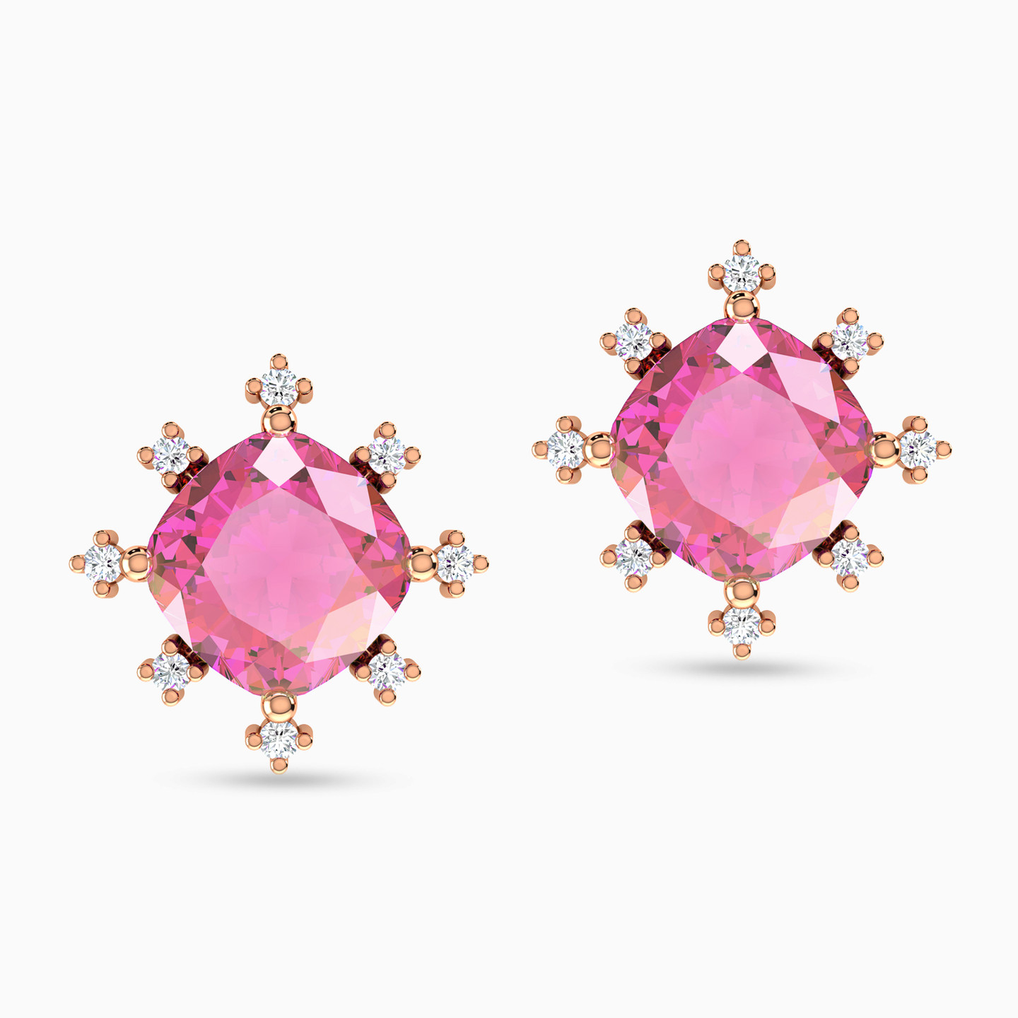 أقراط صغيرة ذهب دائرية عيار 18 قيراط مزينة بالألماس وحجر وردي - 2