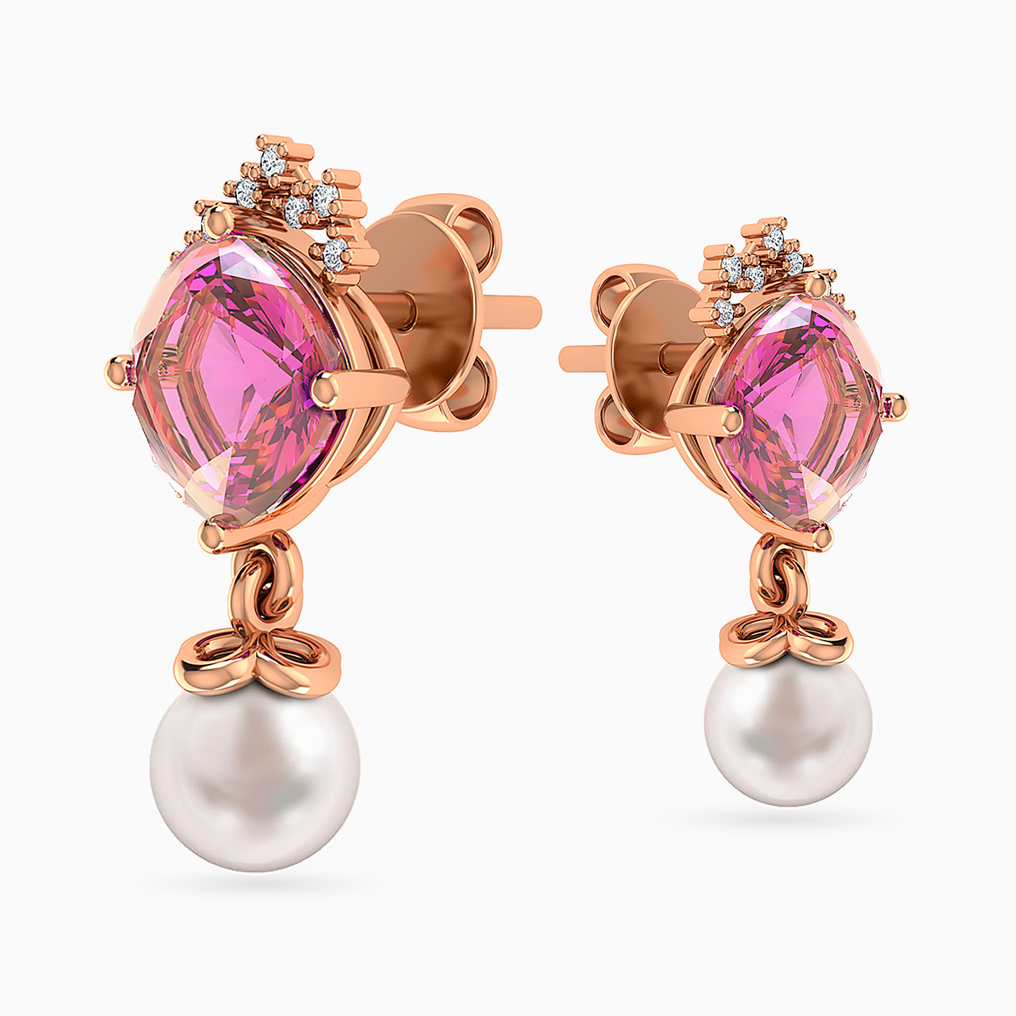 Round Diamond & Pearl Stud Earrings in 18K Gold - 3 Round Diamond & Pearl Stud Earrings in 18K Gold - 3