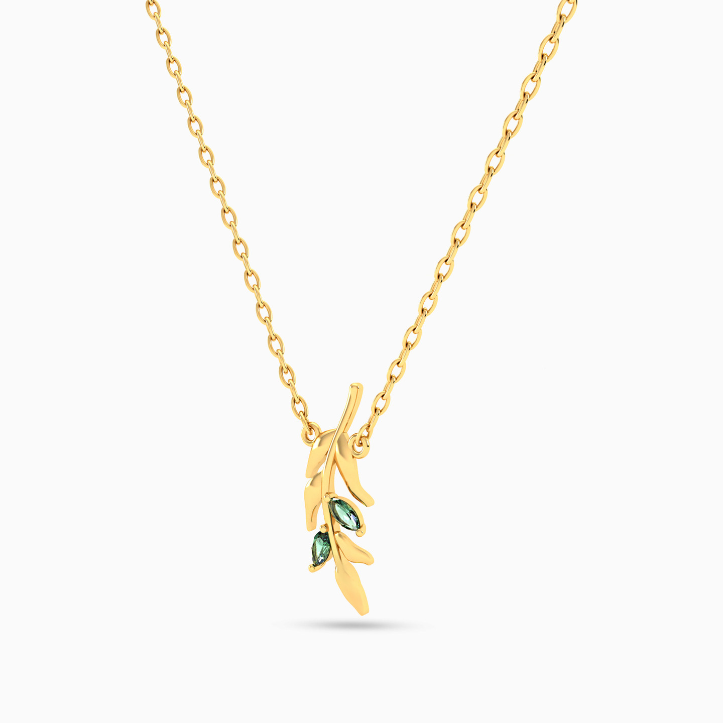Olive Leaf Green Stones Necklace In 14K Gold - 2 Olive Leaf Green Stones Necklace In 14K Gold - 2