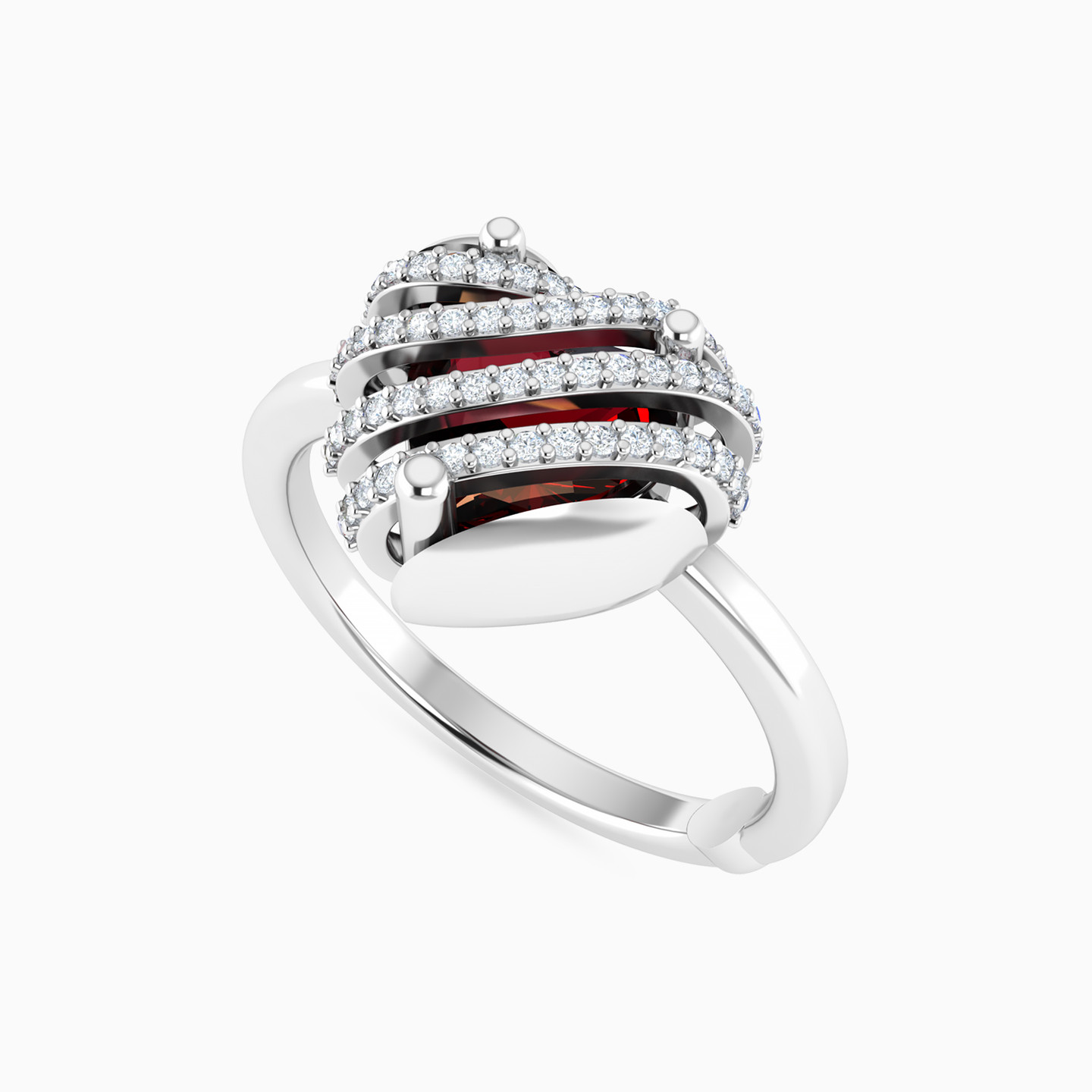 خاتم ذهب شكل قلب عيار 18 قيراط مزينة بالألماس وحجر أحمر - 3