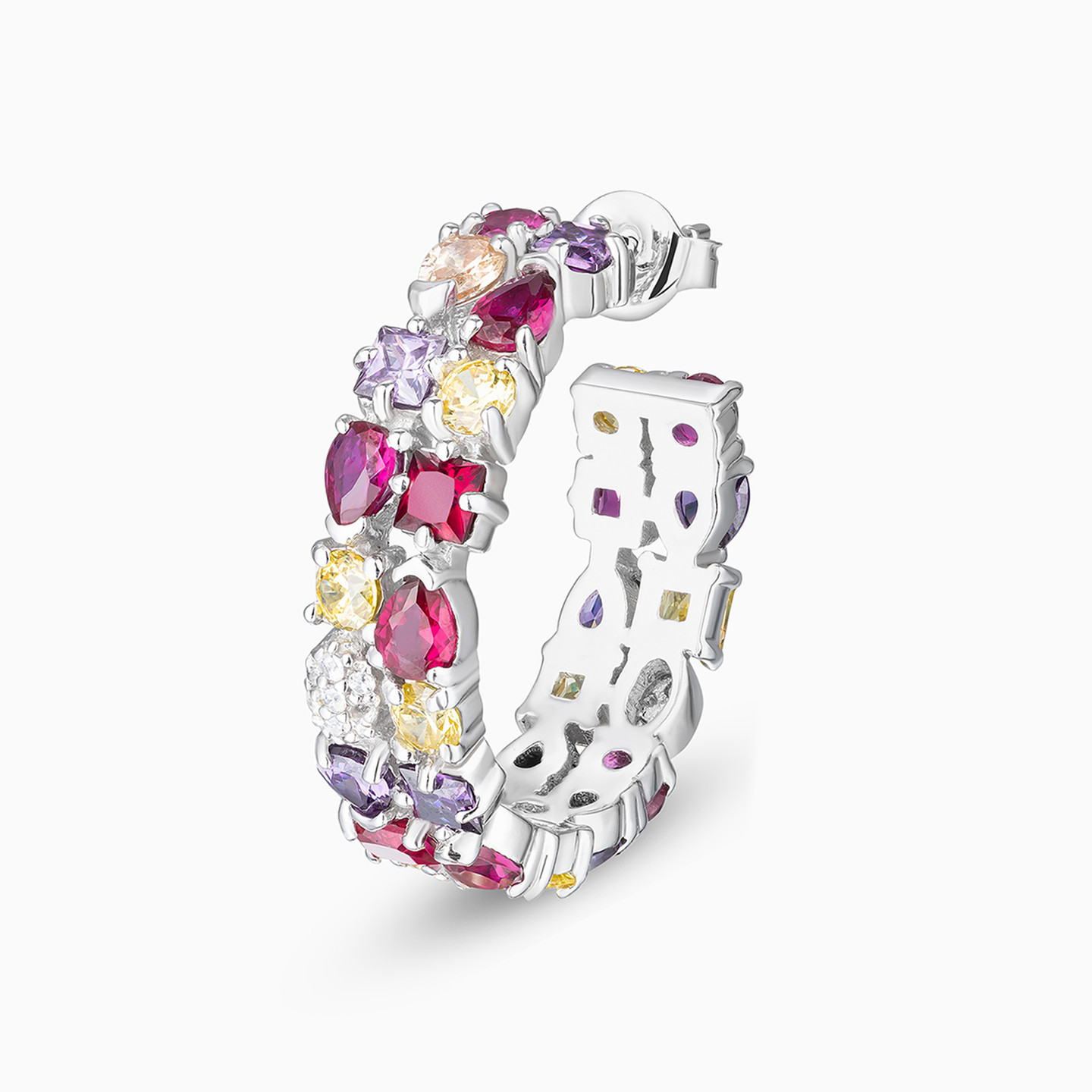 Colored Stones Hoop Earrings In Silver - 3 Colored Stones Hoop Earrings In Silver - 3