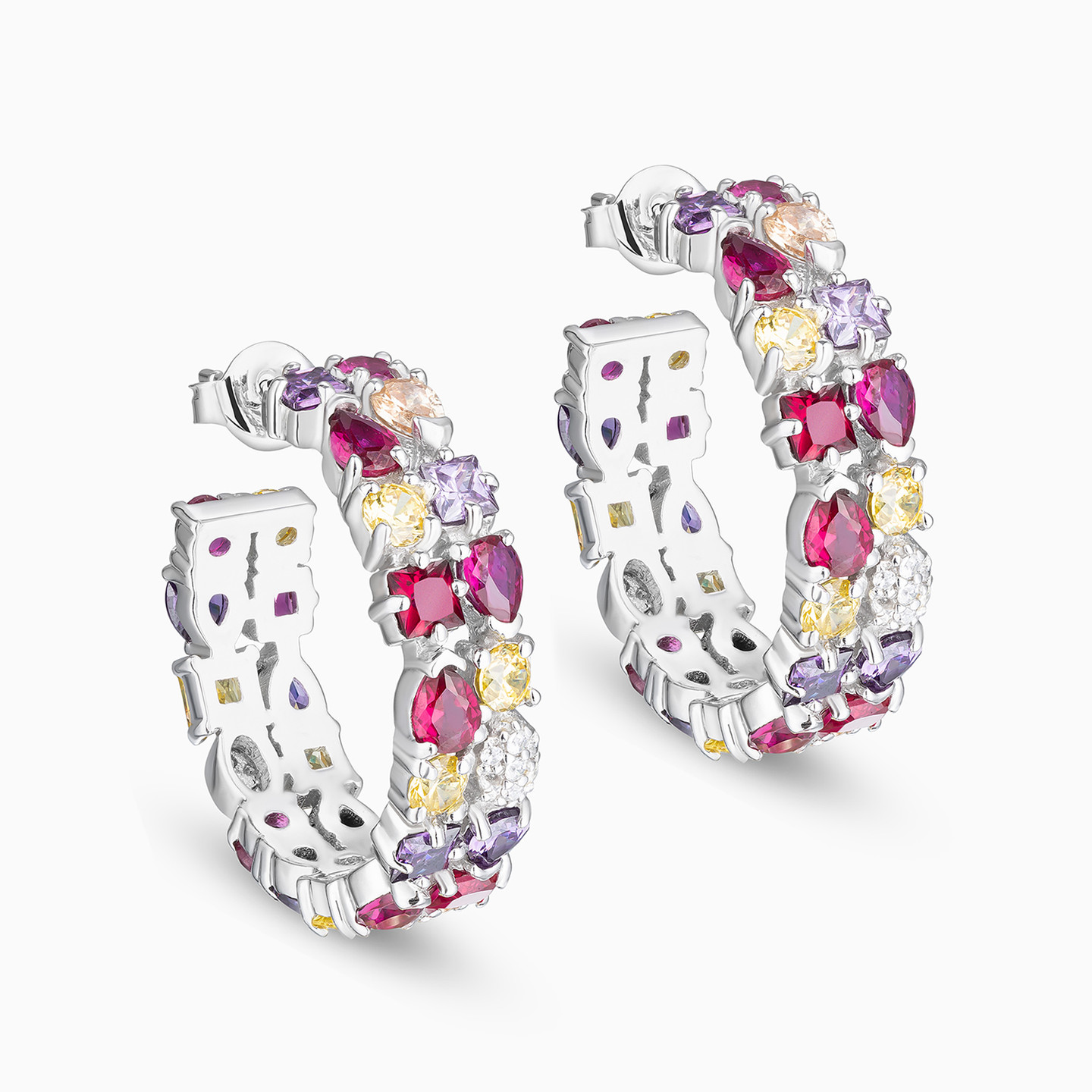 Colored Stones Hoop Earrings In Silver - 2 Colored Stones Hoop Earrings In Silver - 2