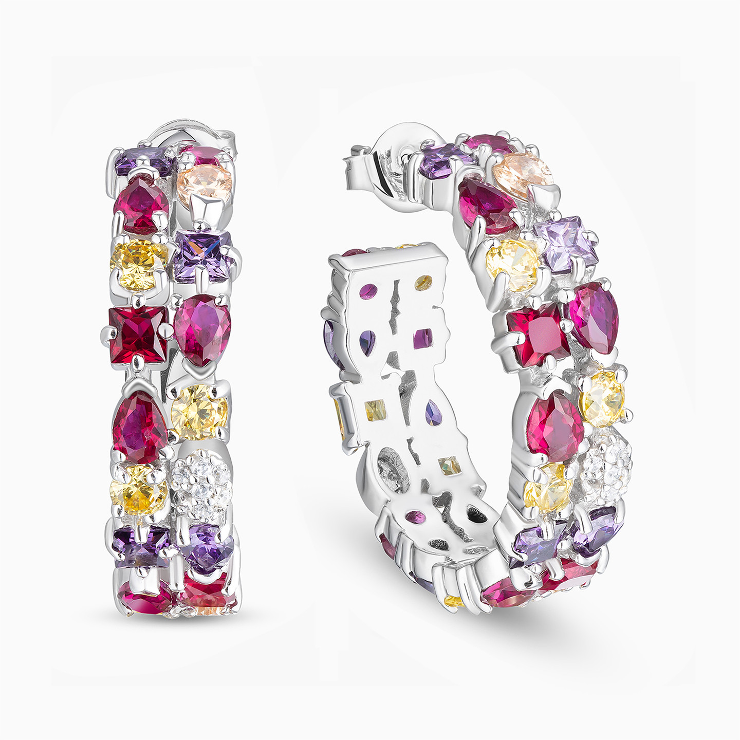 Colored Stones Hoop Earrings In Silver Colored Stones Hoop Earrings In Silver