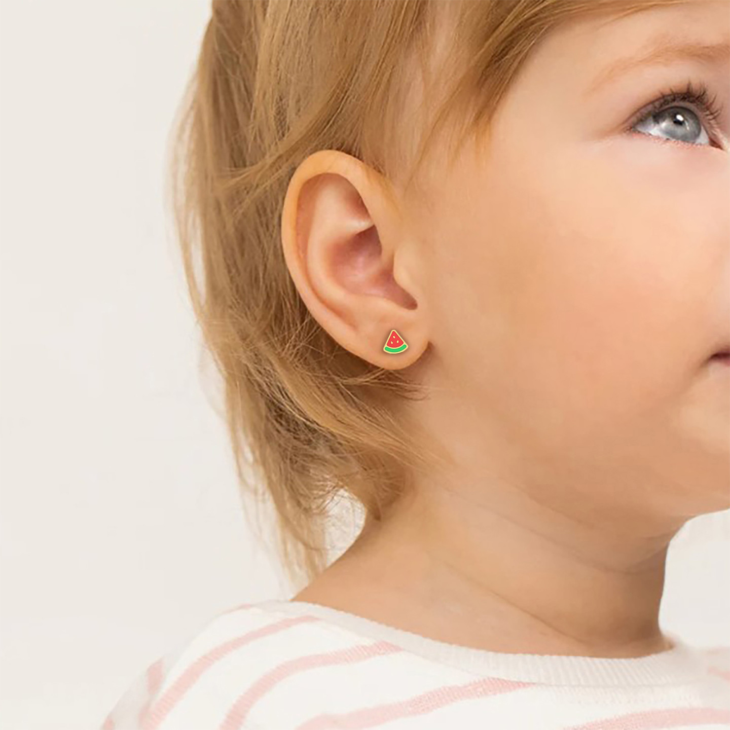 أقراط صغيرة ذهب بطيخ عيار 14 قيراط مزينة بالأحجار الملونة للأطفال - 2