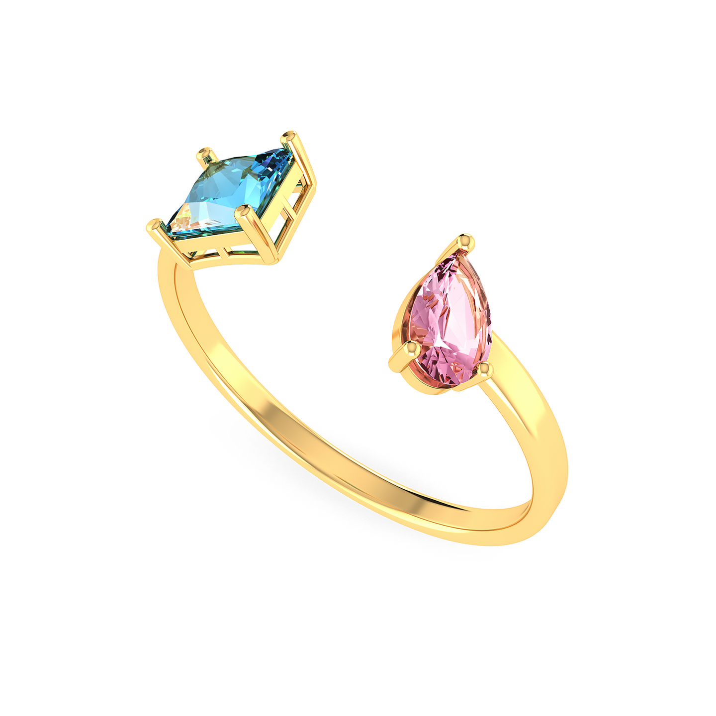 Colored Stones Two Headed Ring In 14K Gold - 3 Colored Stones Two Headed Ring In 14K Gold - 3