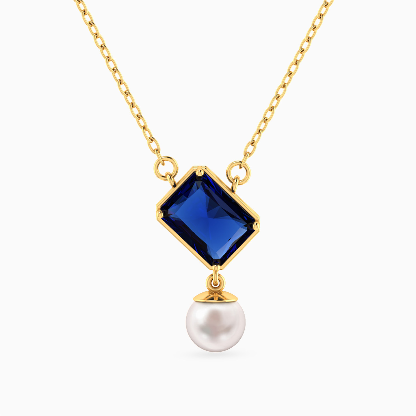 Tilted Rectangular Blue Stone & Pearl Necklace In 14K Gold Tilted Rectangular Blue Stone & Pearl Necklace In 14K Gold