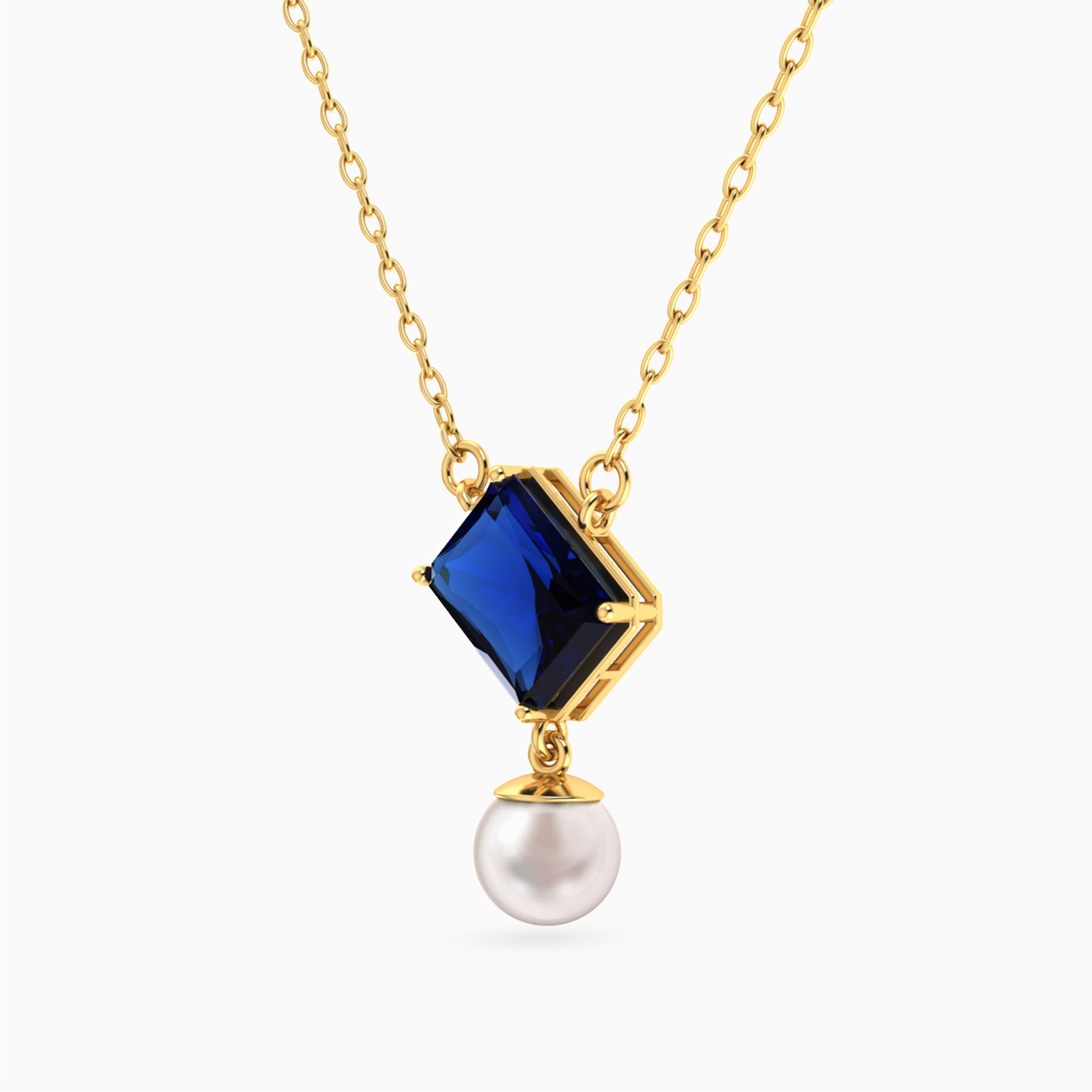 Tilted Rectangular Blue Stone & Pearl Necklace In 14K Gold - 2 Tilted Rectangular Blue Stone & Pearl Necklace In 14K Gold - 2