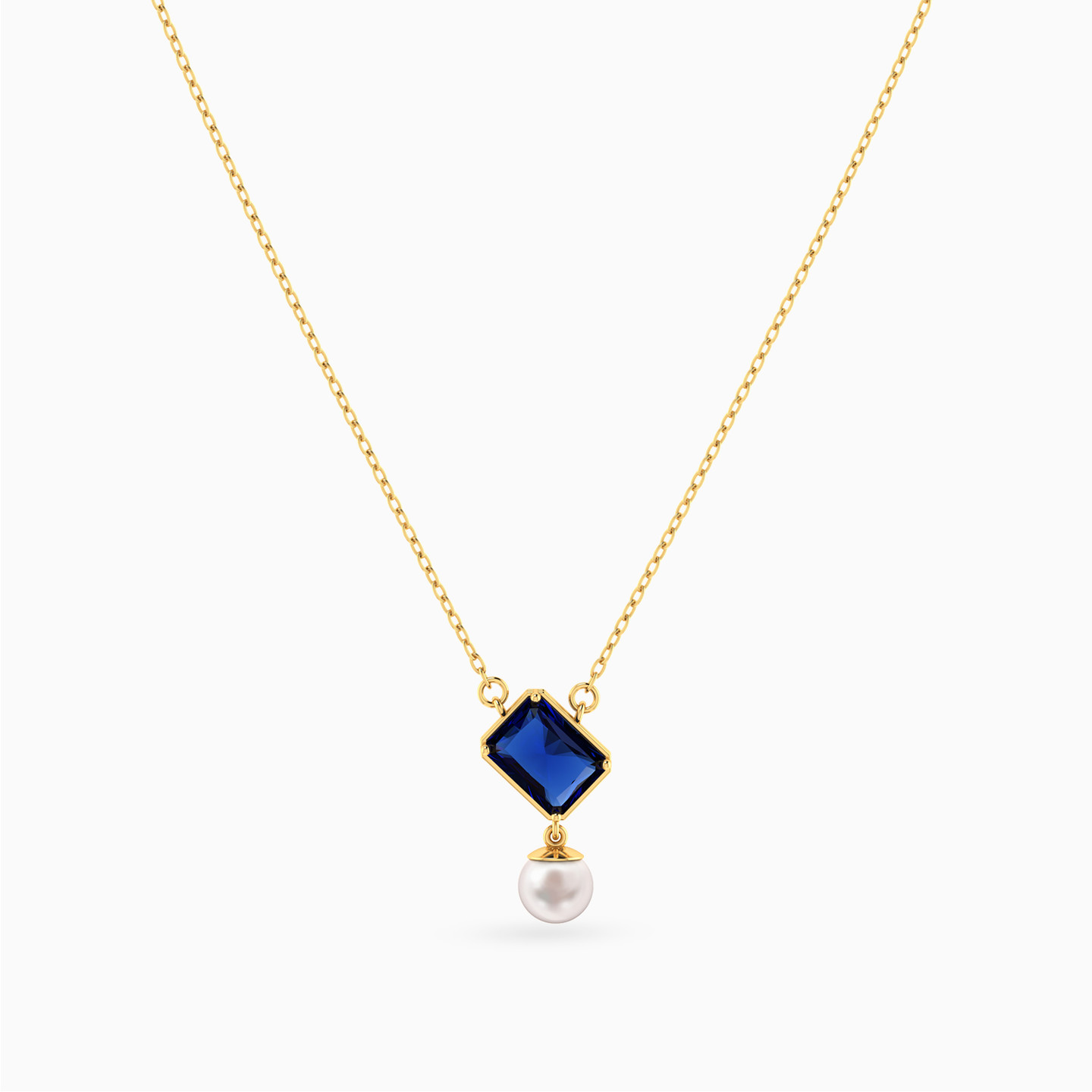 Tilted Rectangular Blue Stone & Pearl Necklace In 14K Gold - 3 Tilted Rectangular Blue Stone & Pearl Necklace In 14K Gold - 3