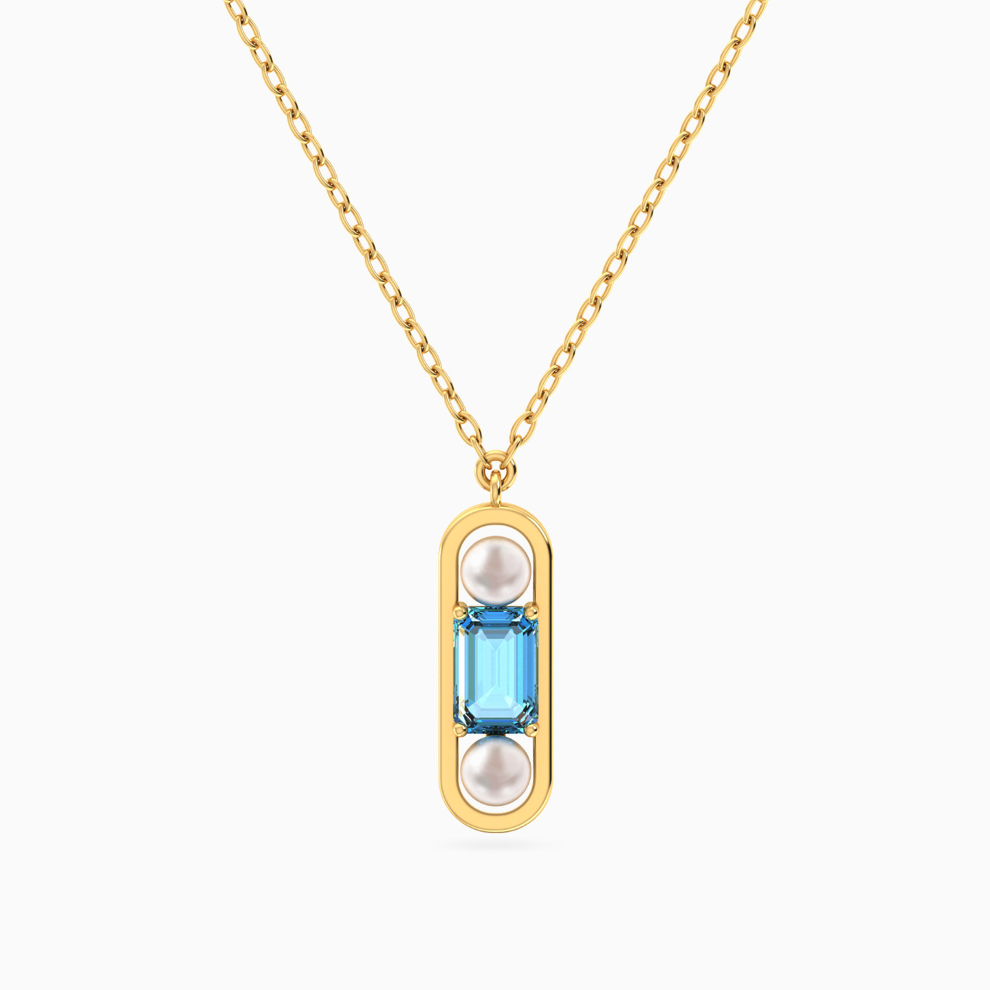 Baguette Aqua Blue Stone & Pearl Necklace In 14K Gold Baguette Aqua Blue Stone & Pearl Necklace In 14K Gold