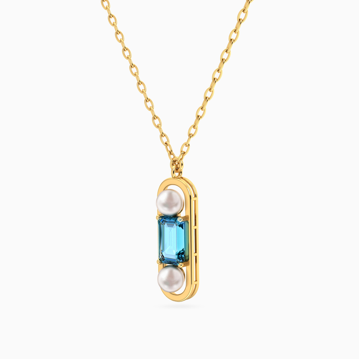 Baguette Aqua Blue Stone & Pearl Necklace In 14K Gold - 2 Baguette Aqua Blue Stone & Pearl Necklace In 14K Gold - 2