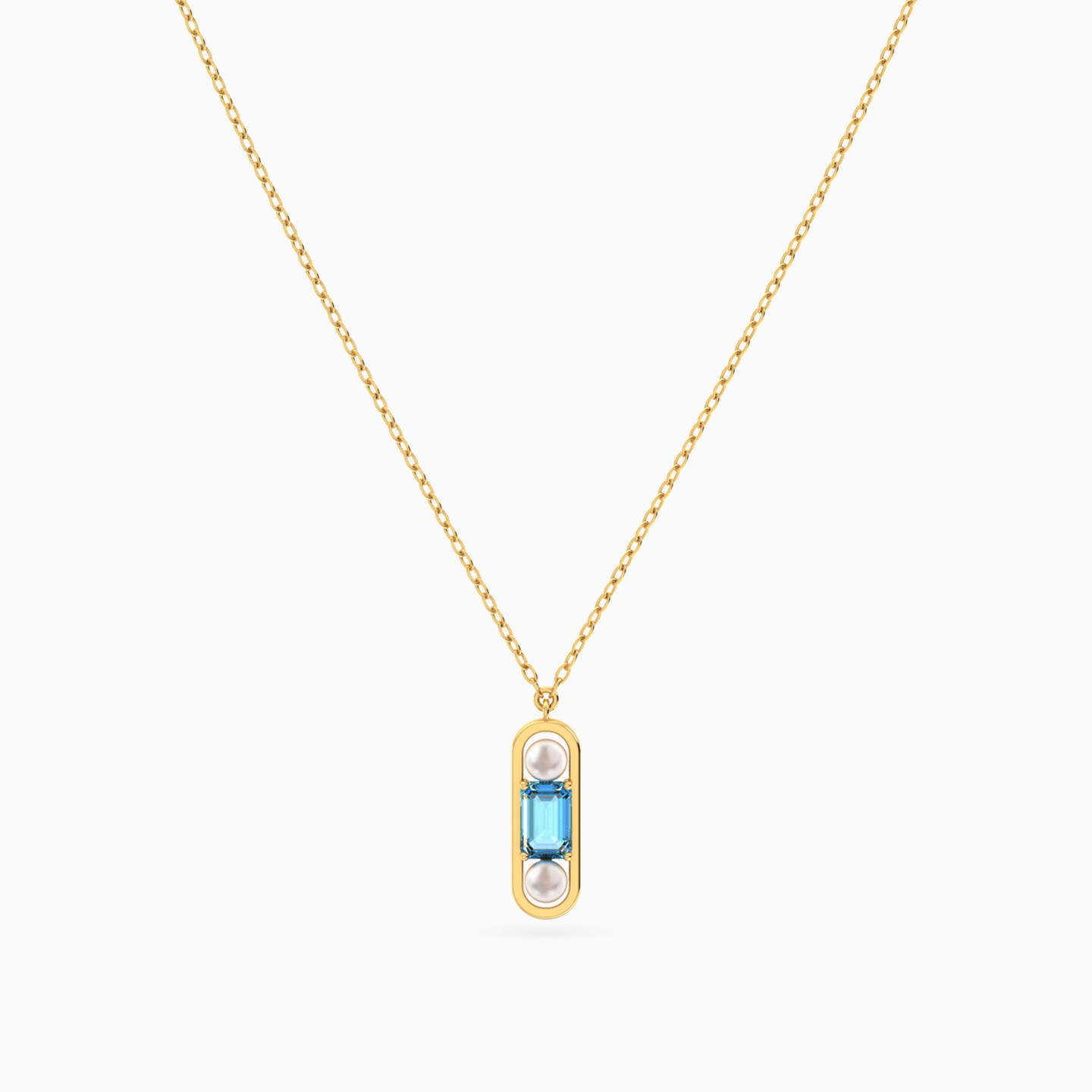 Baguette Aqua Blue Stone & Pearl Necklace In 14K Gold - 3 Baguette Aqua Blue Stone & Pearl Necklace In 14K Gold - 3
