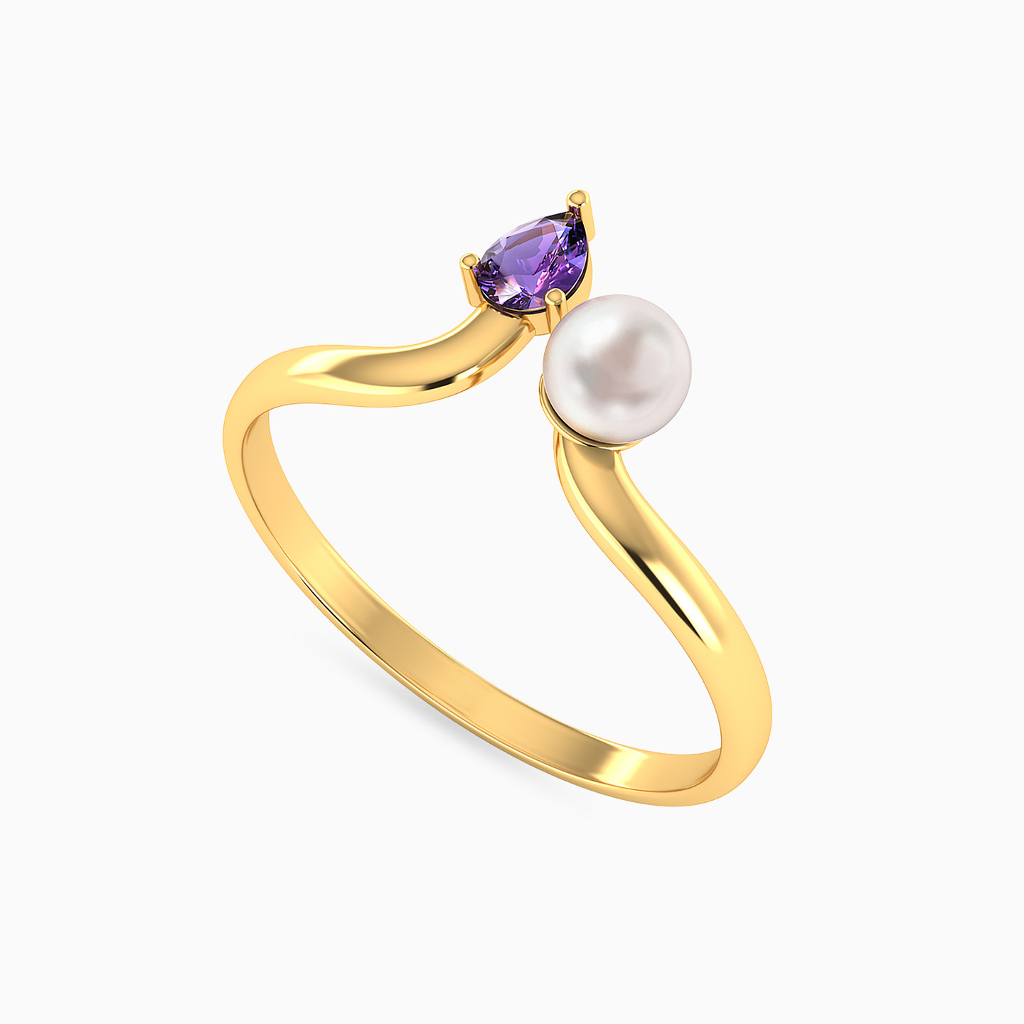 Teardrop Purple Stone & Pearl Open Ring In 18K Gold - 3 Teardrop Purple Stone & Pearl Open Ring In 18K Gold - 3
