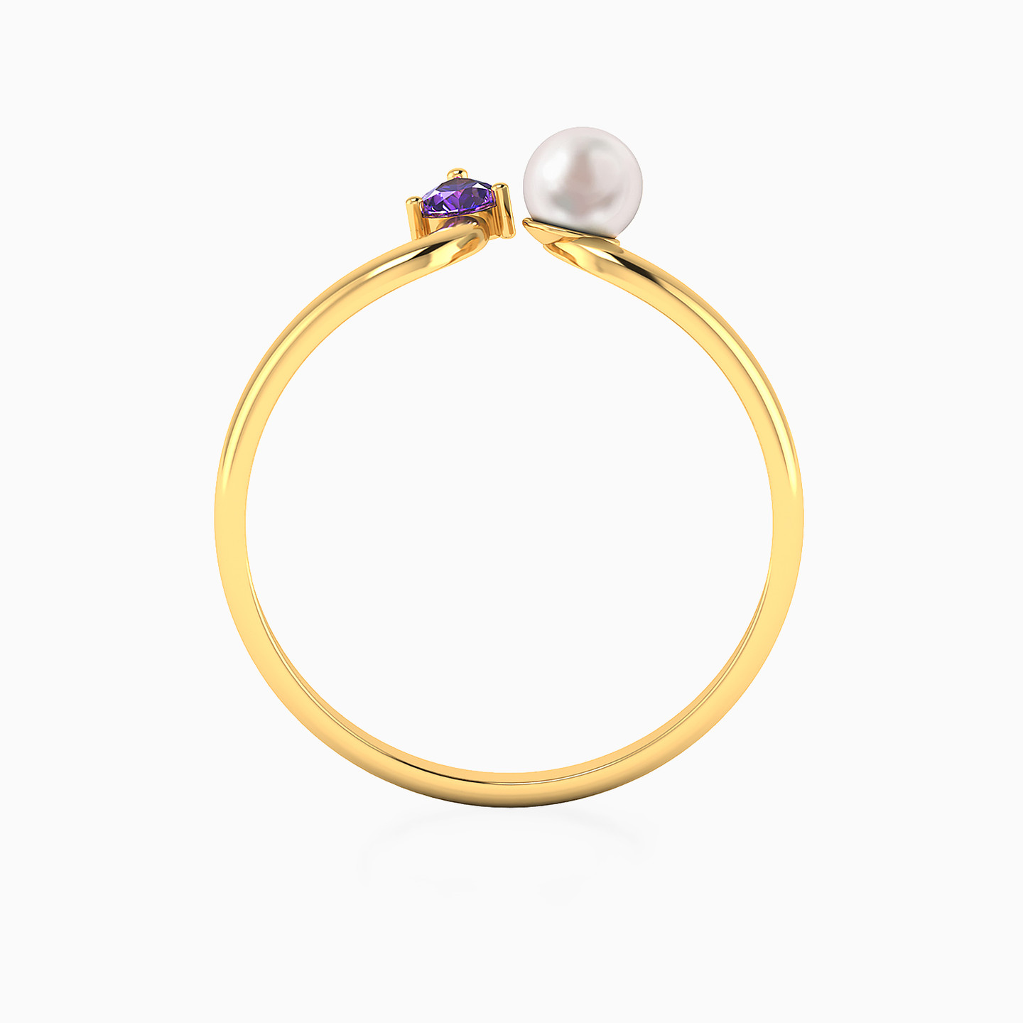 Teardrop Purple Stone & Pearl Open Ring In 18K Gold - 4 Teardrop Purple Stone & Pearl Open Ring In 18K Gold - 4