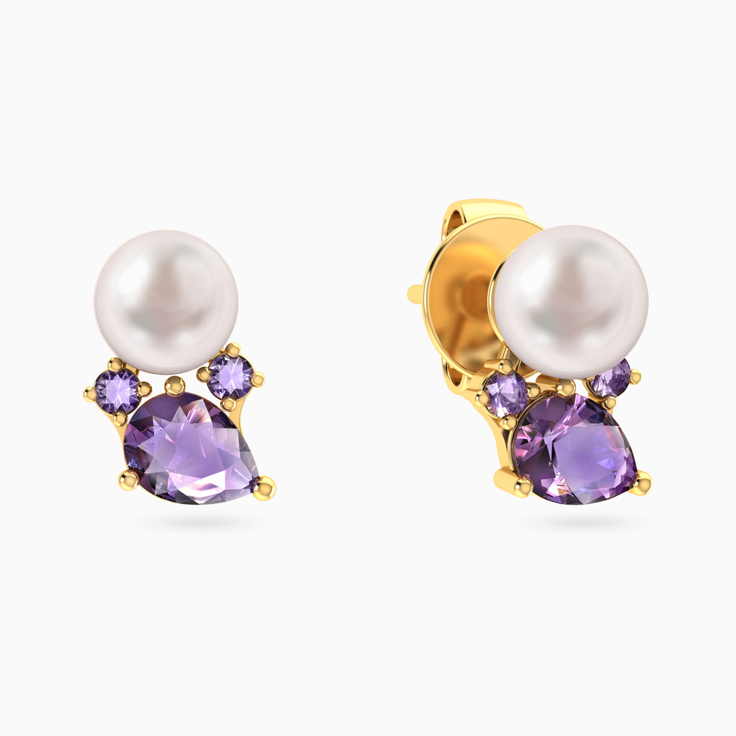 Teardrop Purple Stone & Pearl Stud Earrings In 18K Gold Teardrop Purple Stone & Pearl Stud Earrings In 18K Gold