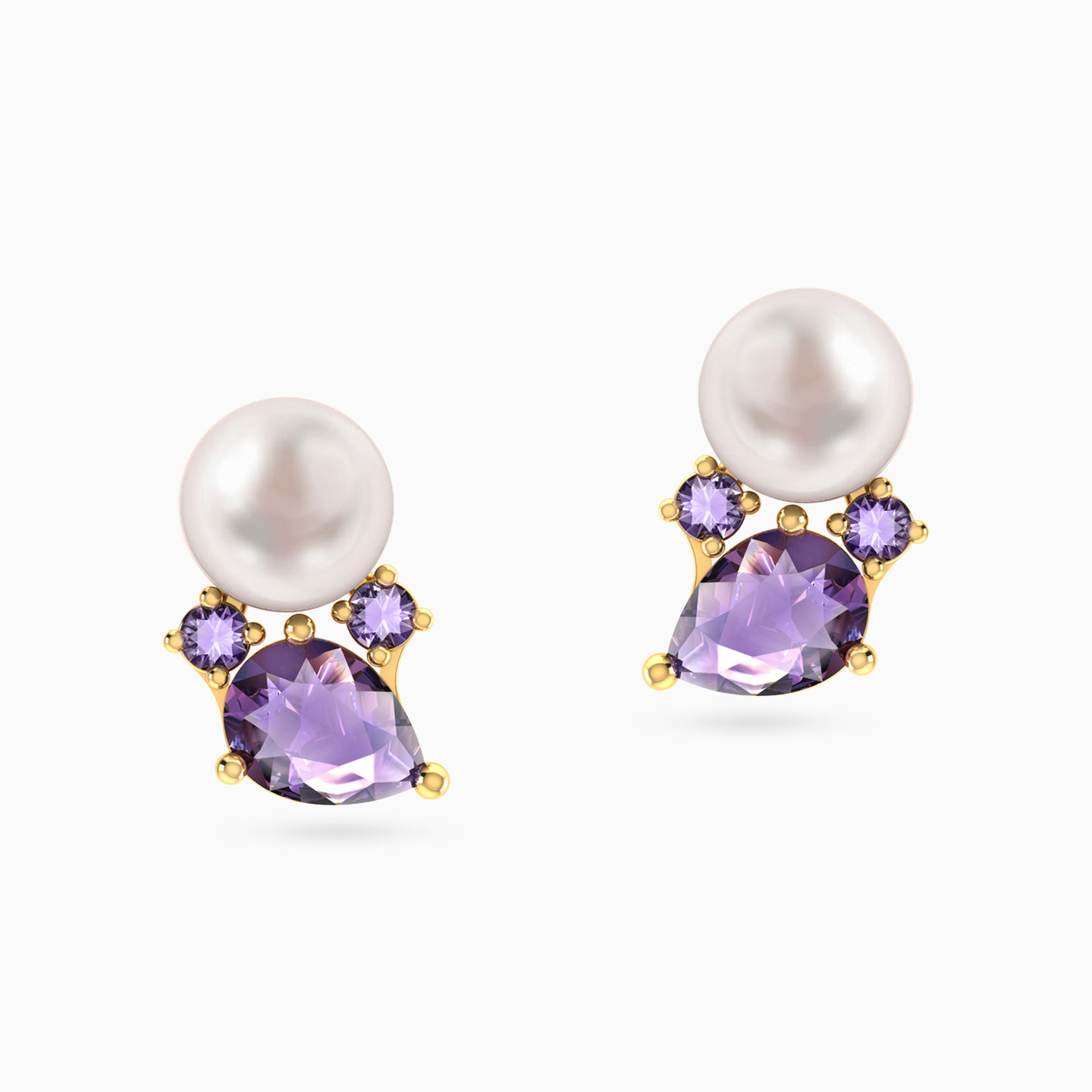 Teardrop Purple Stone & Pearl Stud Earrings In 18K Gold - 3 Teardrop Purple Stone & Pearl Stud Earrings In 18K Gold - 3