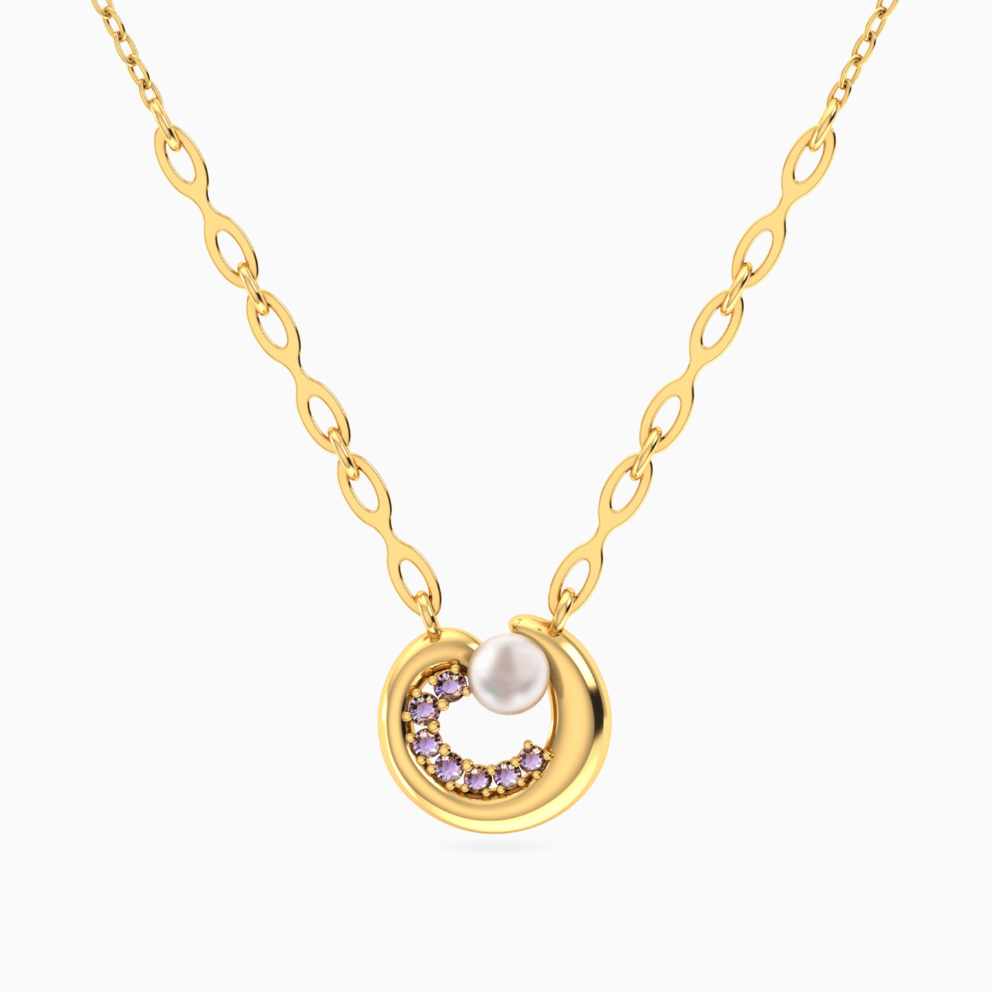Crescent Purple Stone & Pearl Necklace In 18K Gold Crescent Purple Stone & Pearl Necklace In 18K Gold