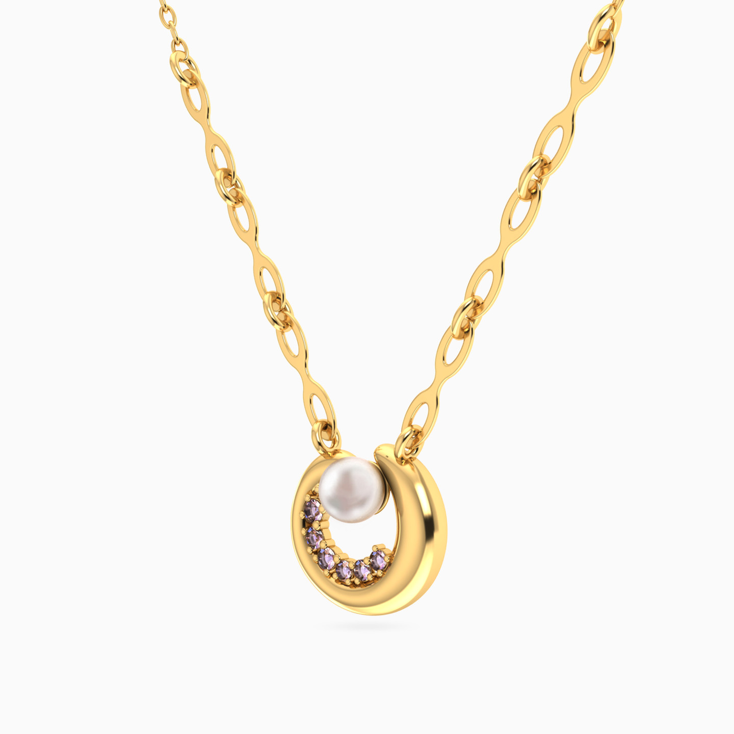 Crescent Purple Stone & Pearl Necklace In 18K Gold - 2 Crescent Purple Stone & Pearl Necklace In 18K Gold - 2