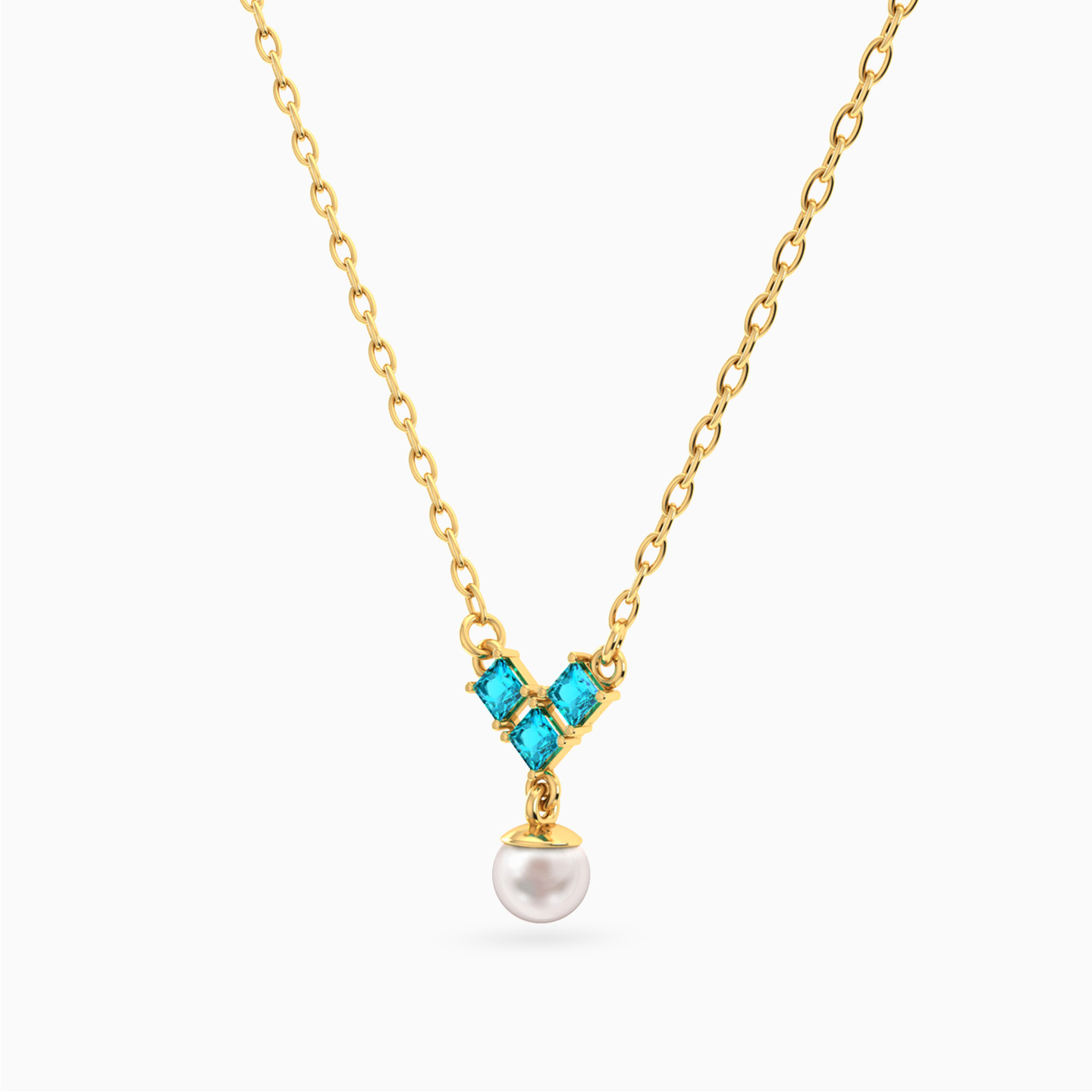 Square Blue Stones & Pearls Necklace In 18K Gold - 2 Square Blue Stones & Pearls Necklace In 18K Gold - 2