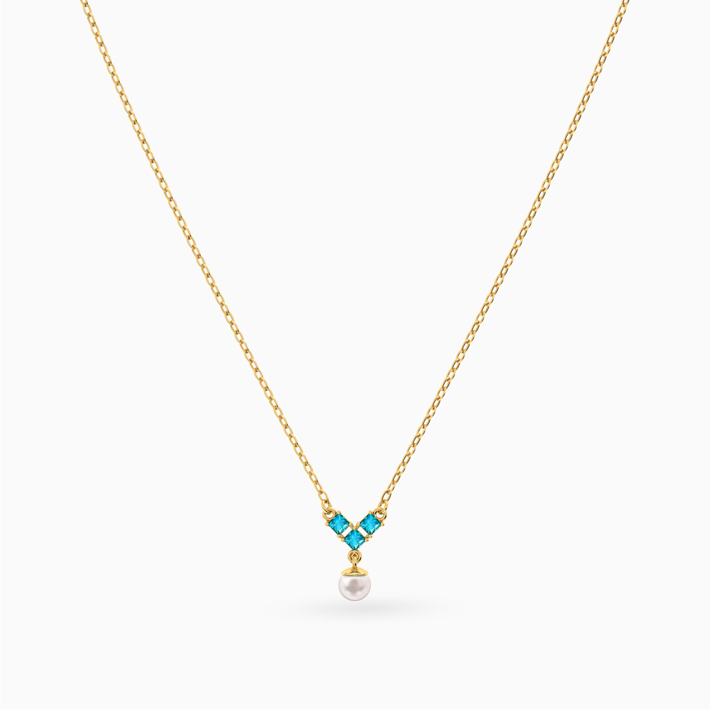 Square Blue Stones & Pearls Necklace In 18K Gold - 3 Square Blue Stones & Pearls Necklace In 18K Gold - 3