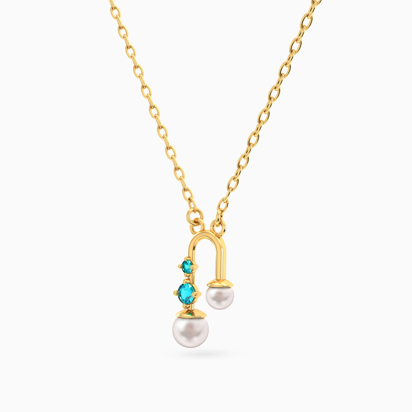 Curved Blue Stones & Pearls Necklace In 18K Gold - 2 Curved Blue Stones & Pearls Necklace In 18K Gold - 2