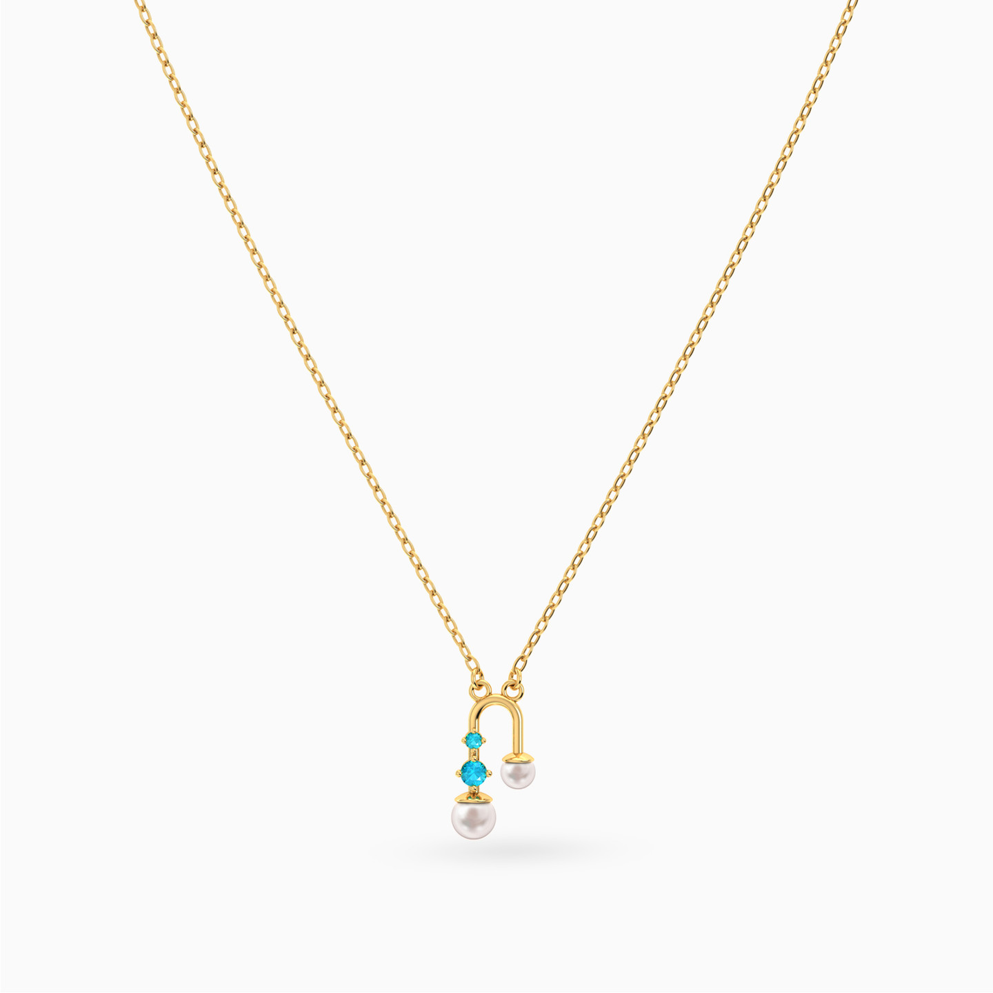 Curved Blue Stones & Pearls Necklace In 18K Gold - 3 Curved Blue Stones & Pearls Necklace In 18K Gold - 3