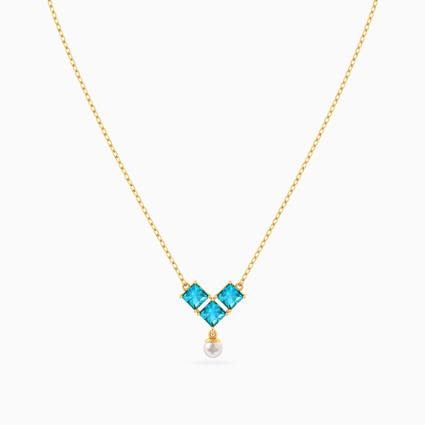 Square Blue Stones & Pearls Necklace In 18K Gold - 3 Square Blue Stones & Pearls Necklace In 18K Gold - 3