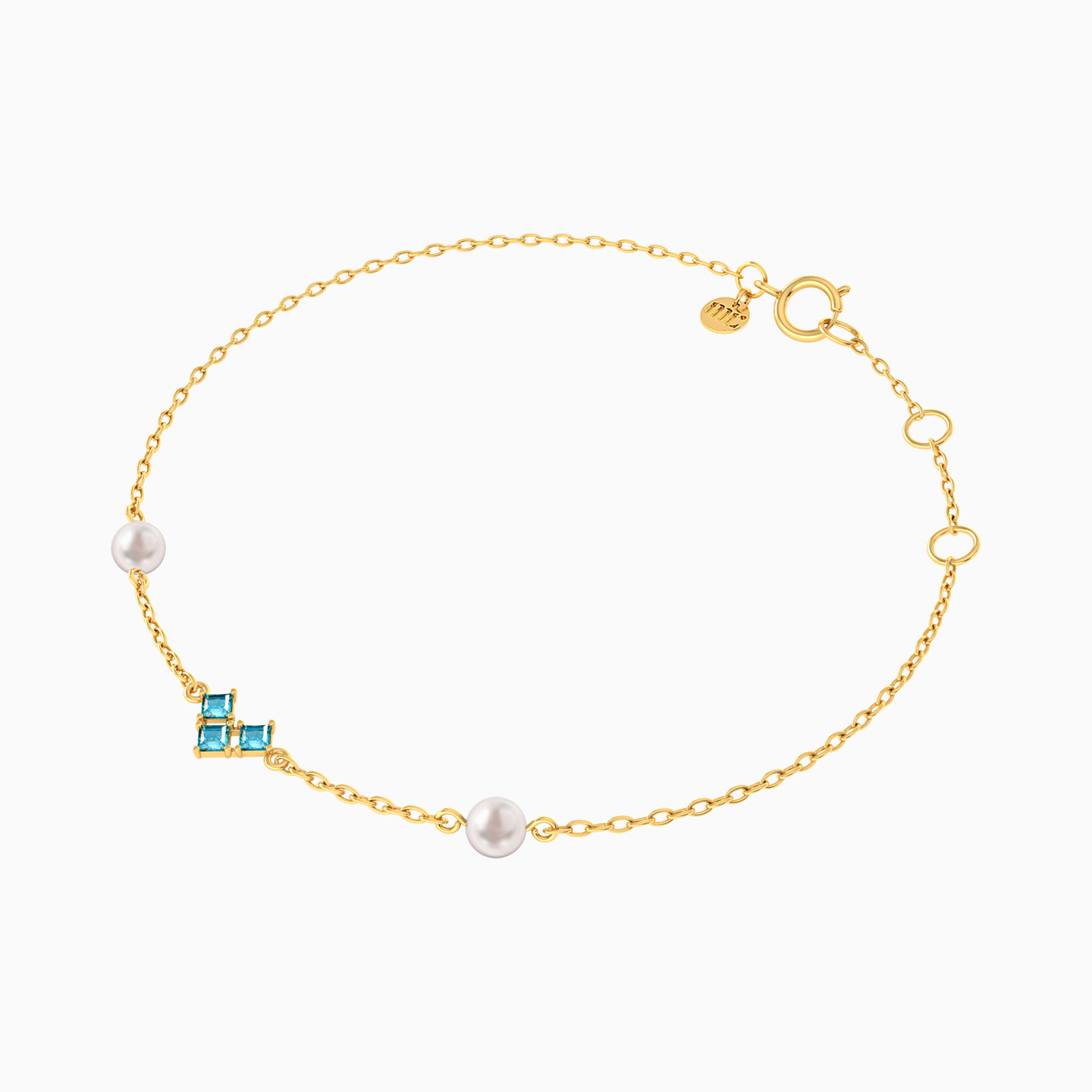 Square Blue Stones & Pearls Chain Bracelet In 18K Gold - 3 Square Blue Stones & Pearls Chain Bracelet In 18K Gold - 3