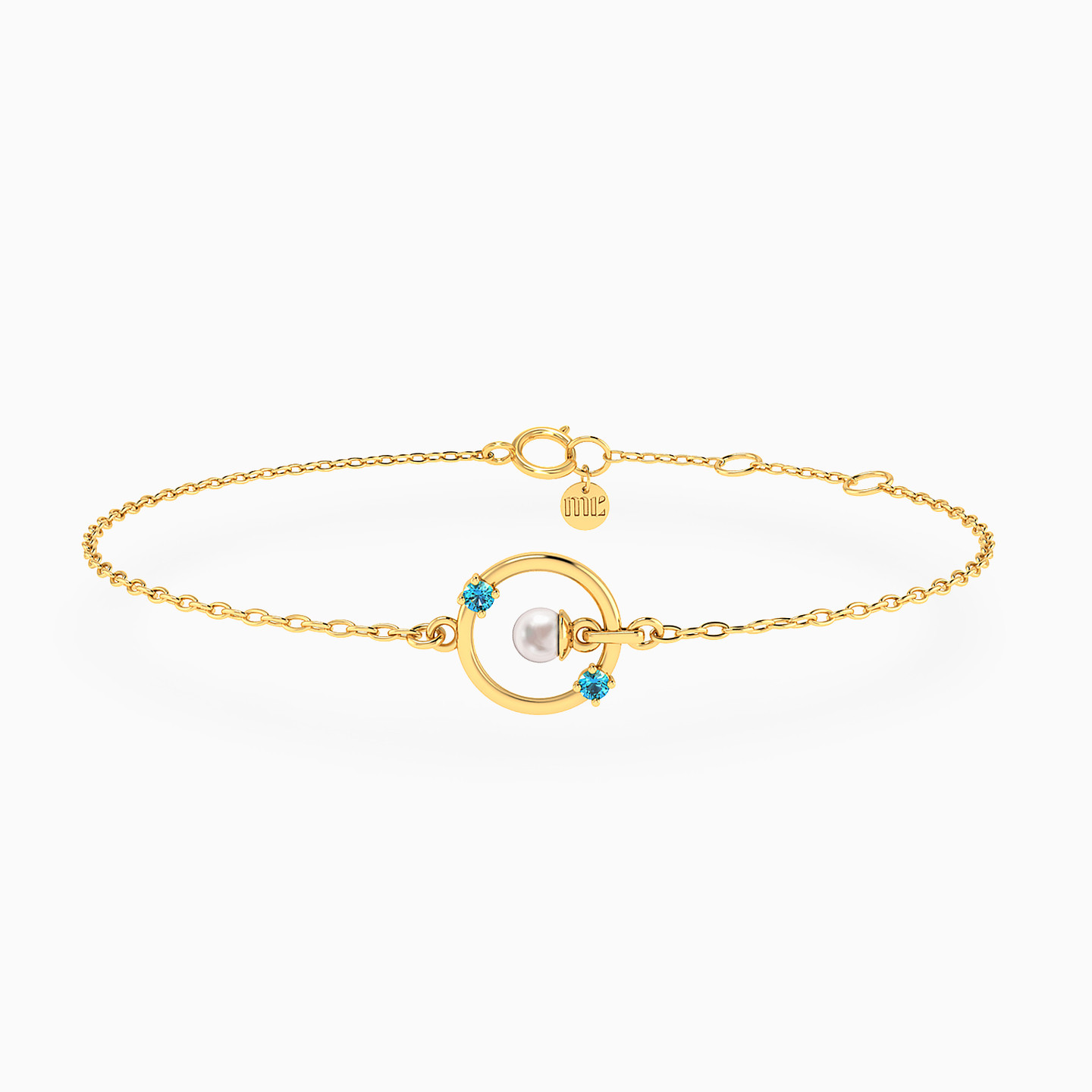 Circle Blue Stones & Pearls Chain Bracelet In 18K Gold Circle Blue Stones & Pearls Chain Bracelet In 18K Gold