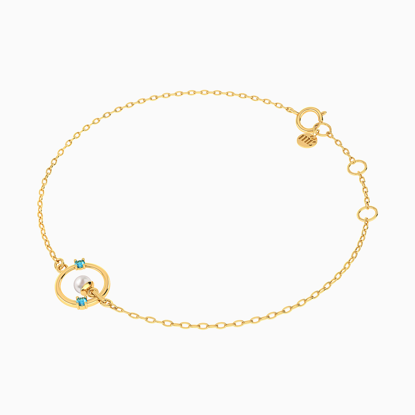 Circle Blue Stones & Pearls Chain Bracelet In 18K Gold - 3 Circle Blue Stones & Pearls Chain Bracelet In 18K Gold - 3