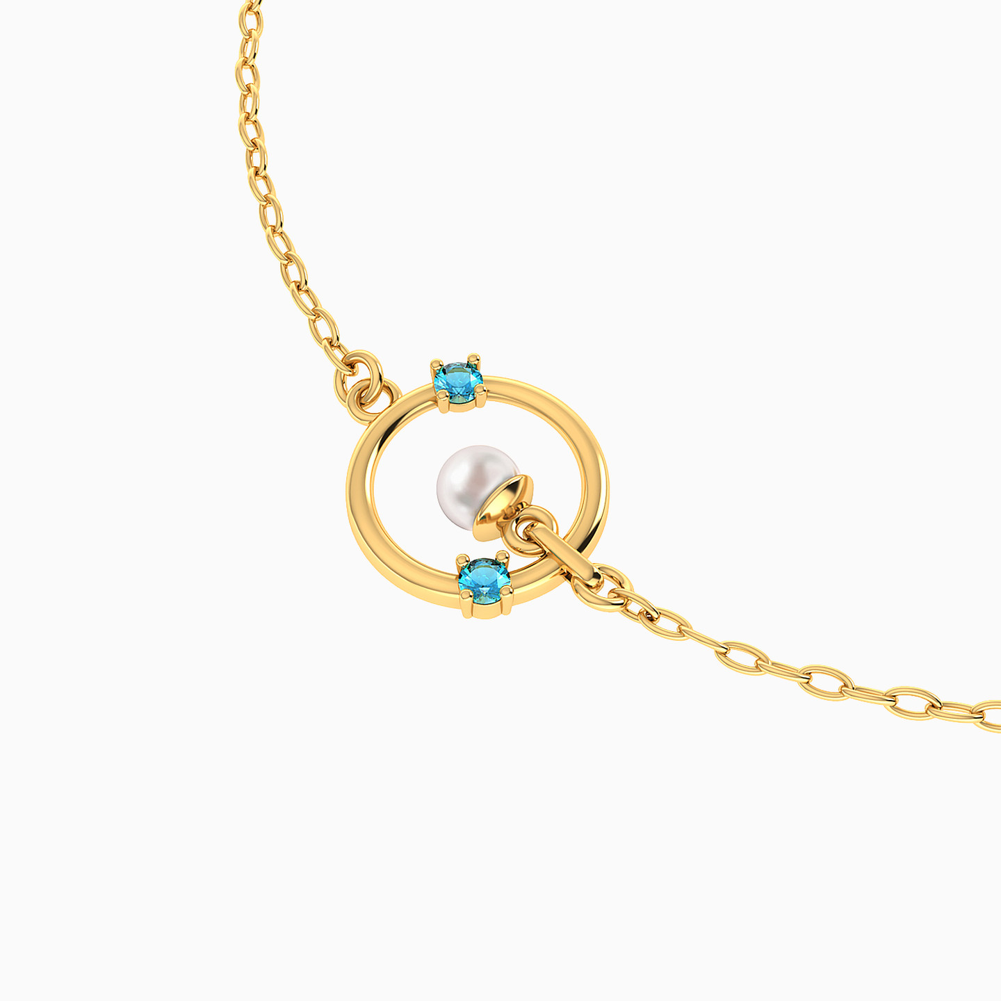 Circle Blue Stones & Pearls Chain Bracelet In 18K Gold - 4 Circle Blue Stones & Pearls Chain Bracelet In 18K Gold - 4