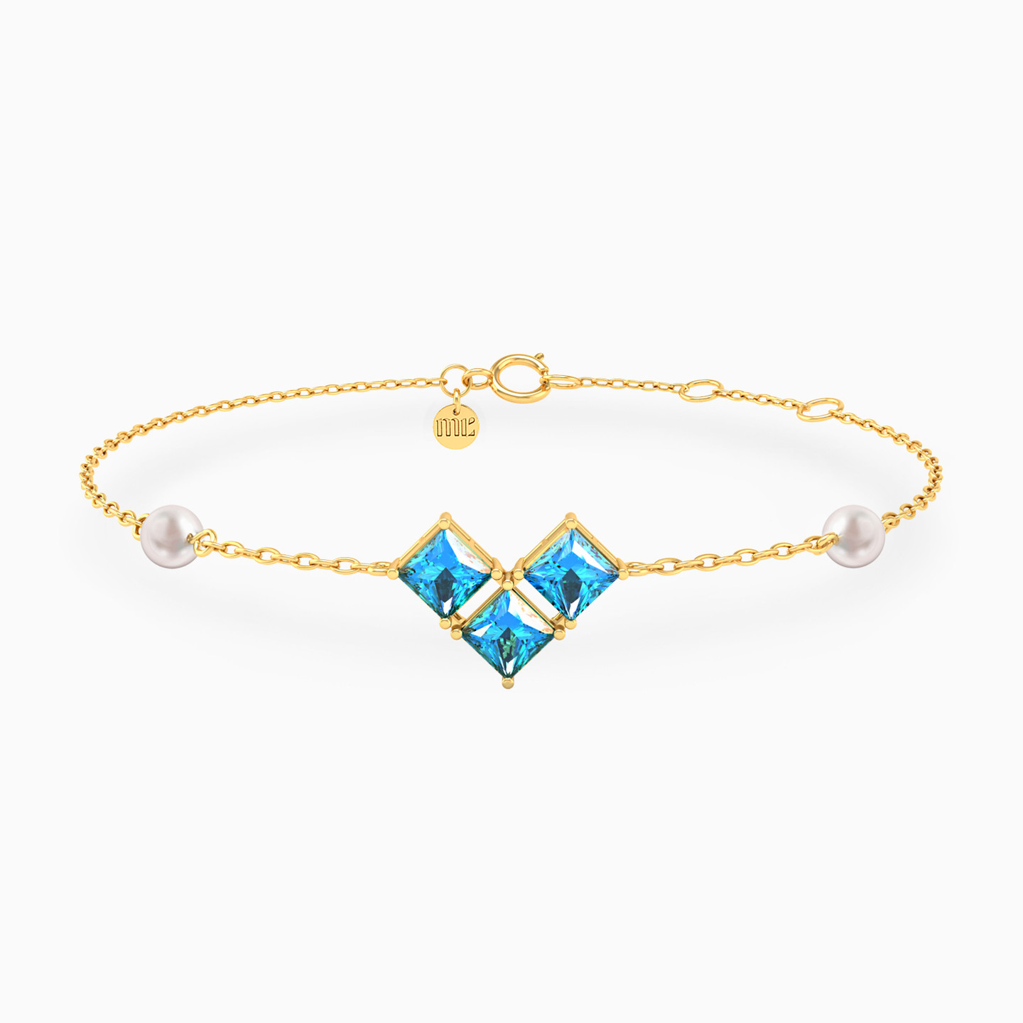 Square Blue Stones & Pearls Chain Bracelet In 18K Gold Square Blue Stones & Pearls Chain Bracelet In 18K Gold