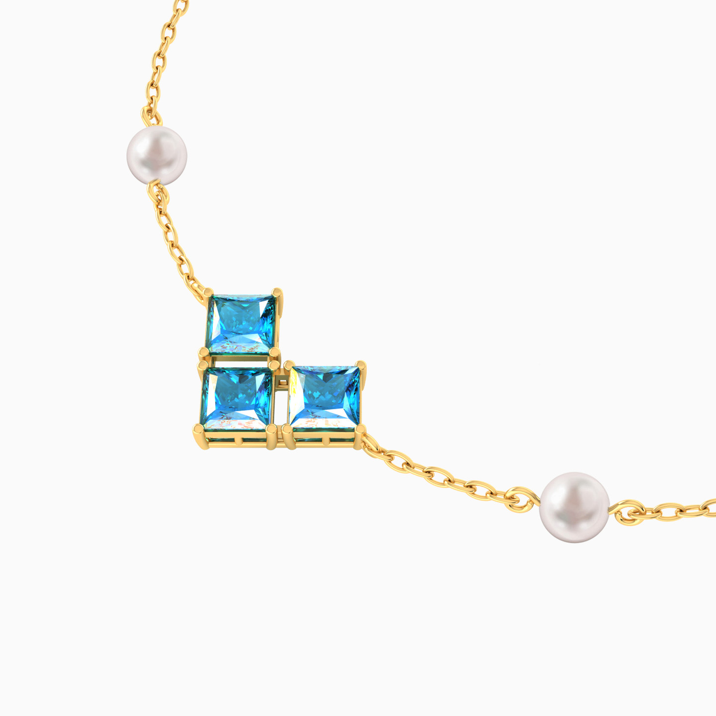Square Blue Stones & Pearls Chain Bracelet In 18K Gold - 4 Square Blue Stones & Pearls Chain Bracelet In 18K Gold - 4