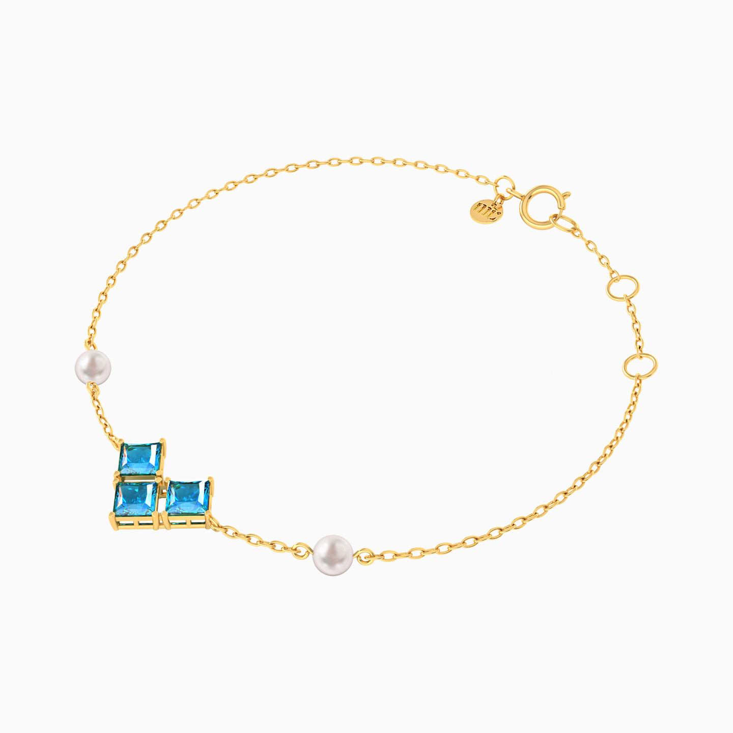Square Blue Stones & Pearls Chain Bracelet In 18K Gold - 3 Square Blue Stones & Pearls Chain Bracelet In 18K Gold - 3